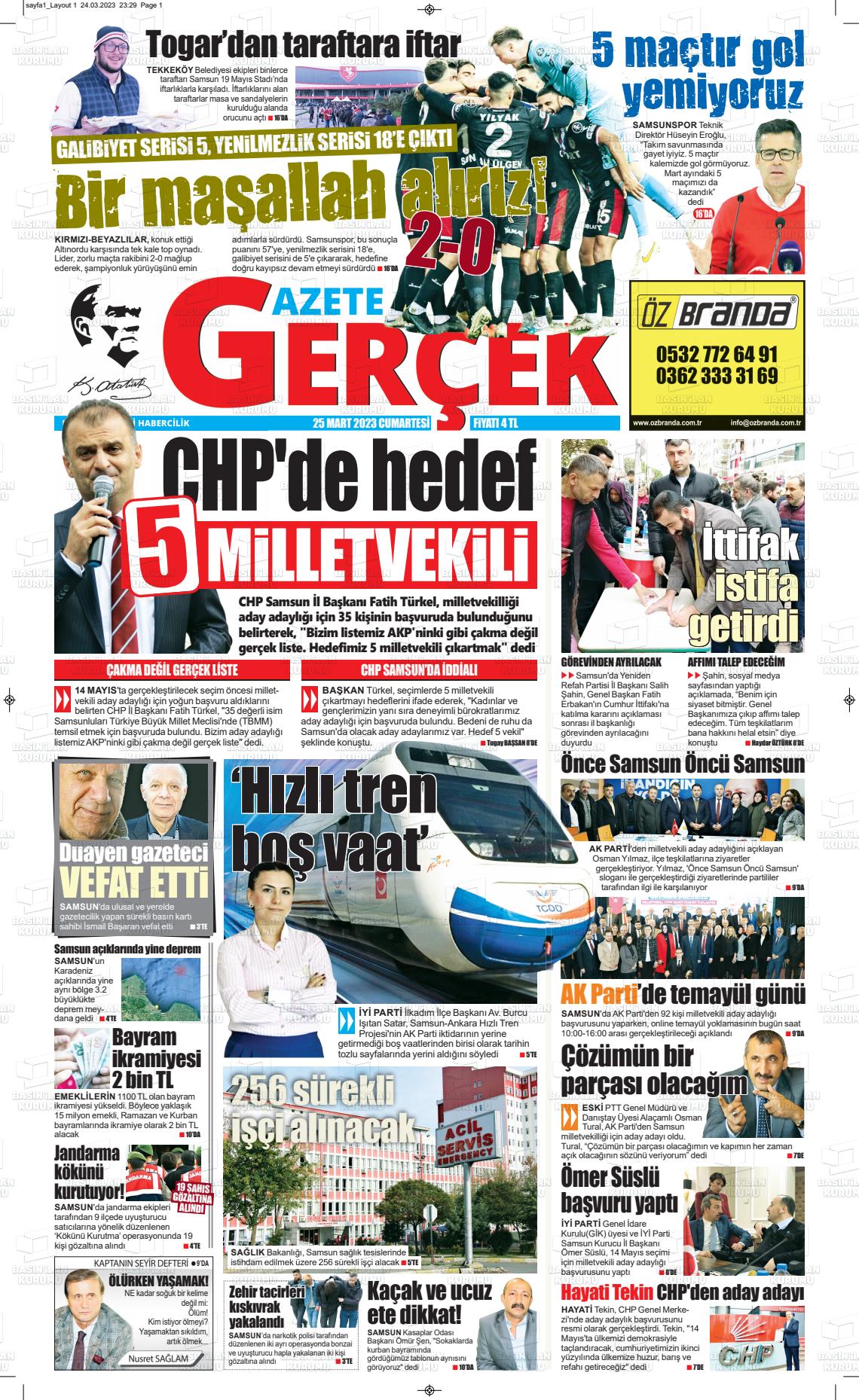 25 Mart 2023 Gazete Gerçek Gazete Manşeti
