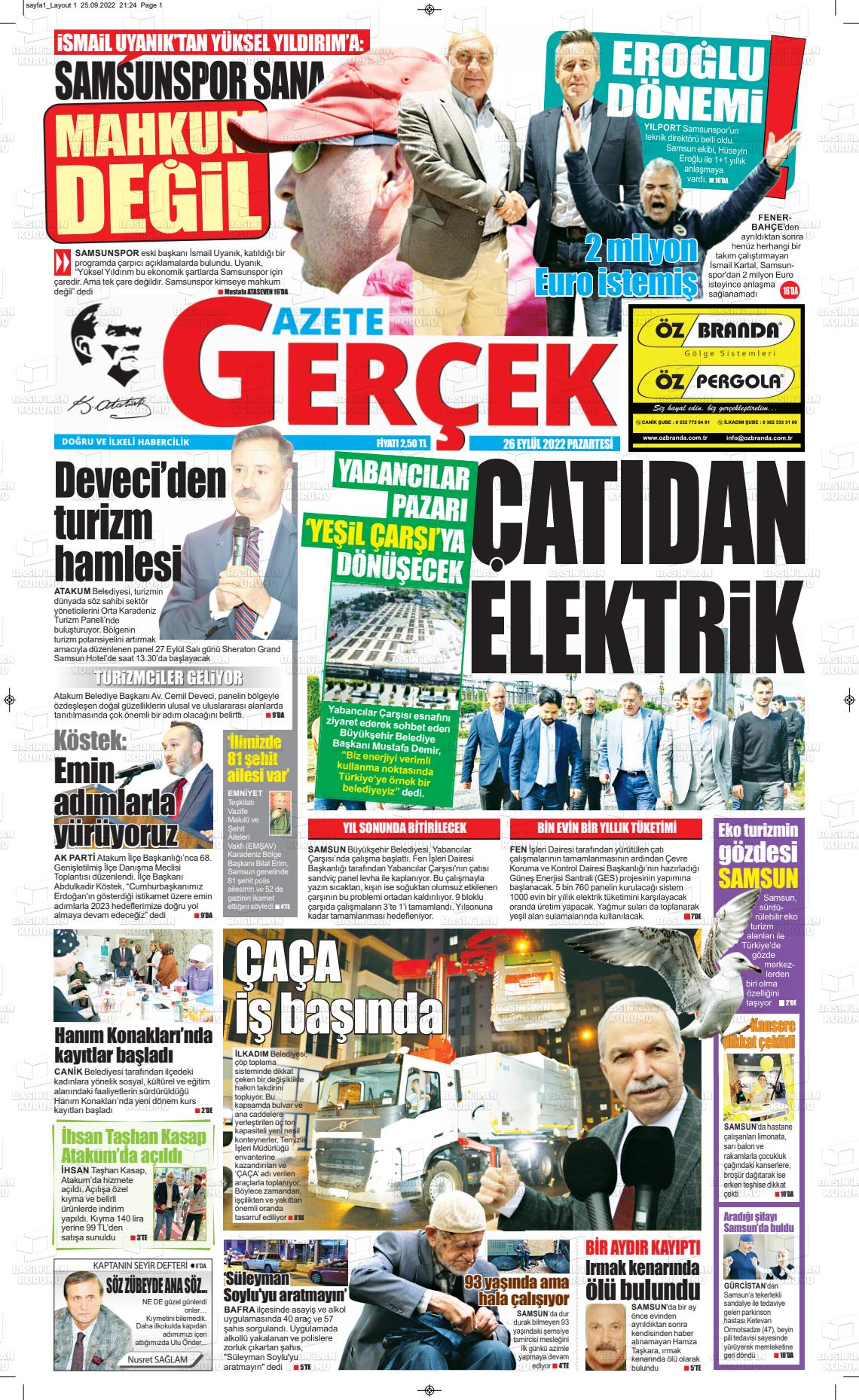 26 Eylül 2022 Gazete Gerçek Gazete Manşeti