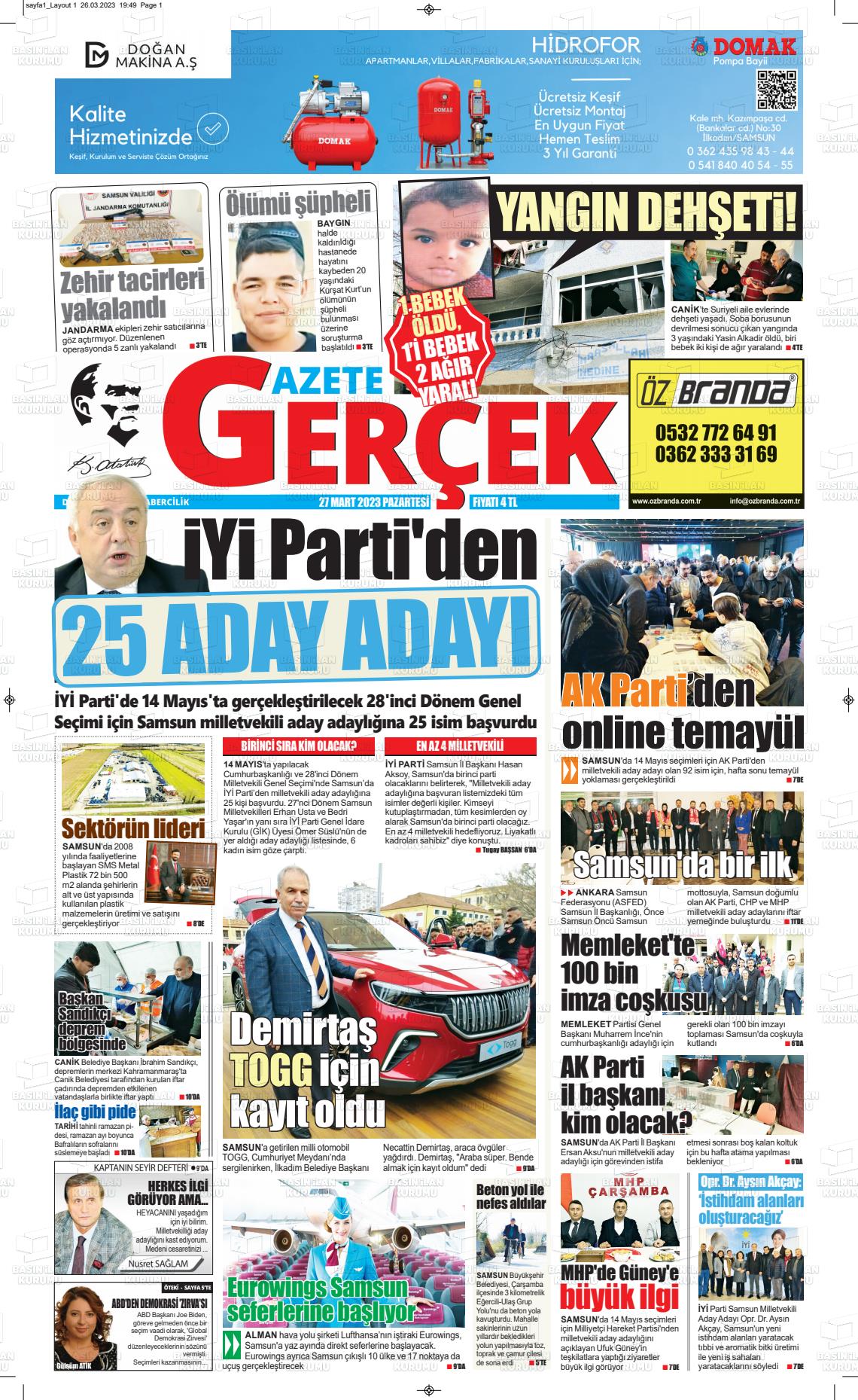 27 Mart 2023 Gazete Gerçek Gazete Manşeti