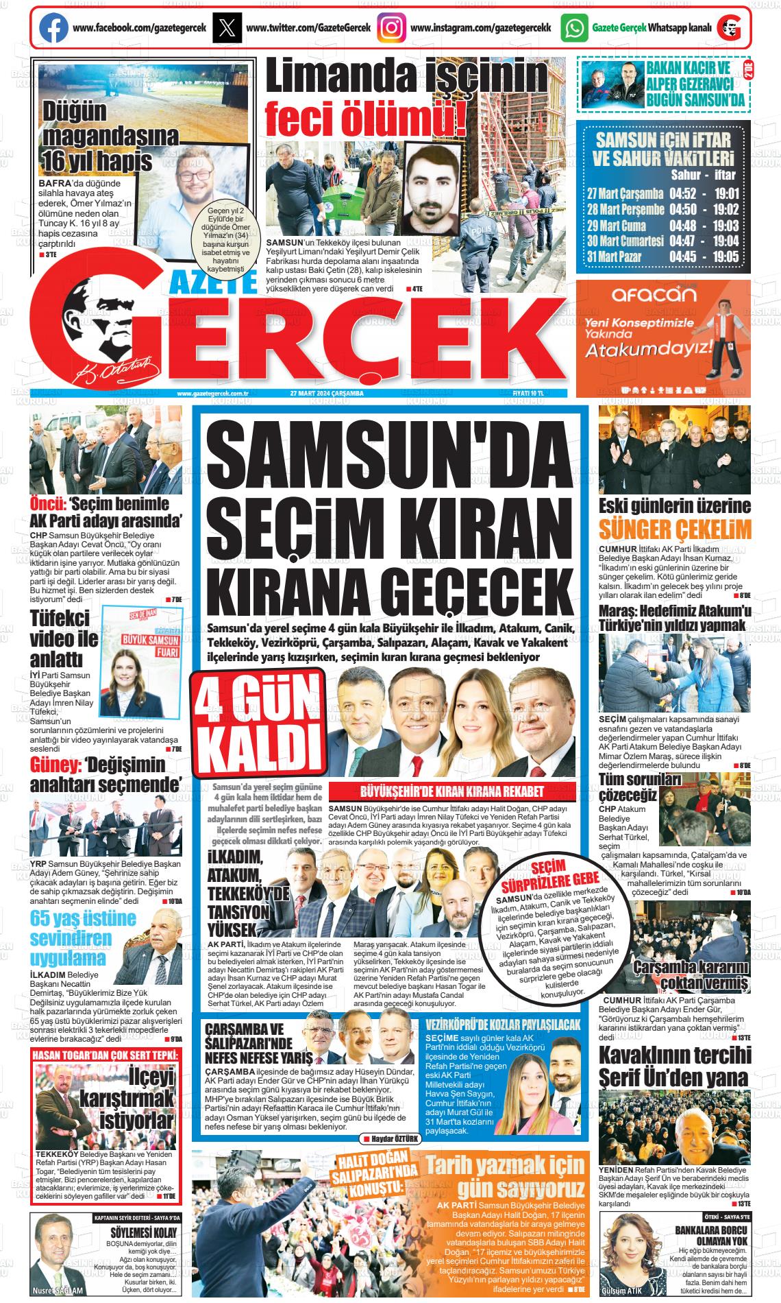 27 Mart 2024 Gazete Gerçek Gazete Manşeti