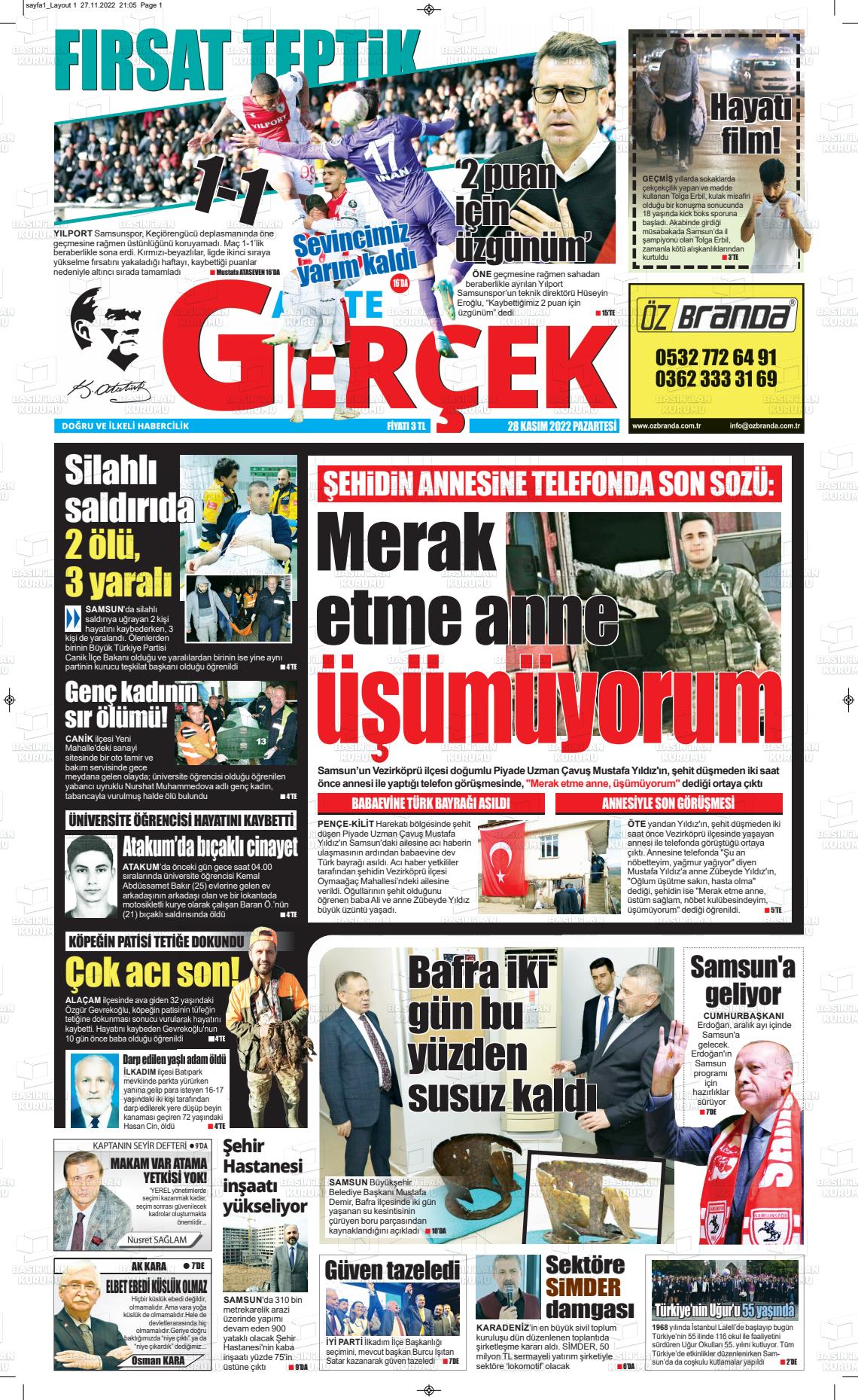 28 Kasım 2022 Gazete Gerçek Gazete Manşeti
