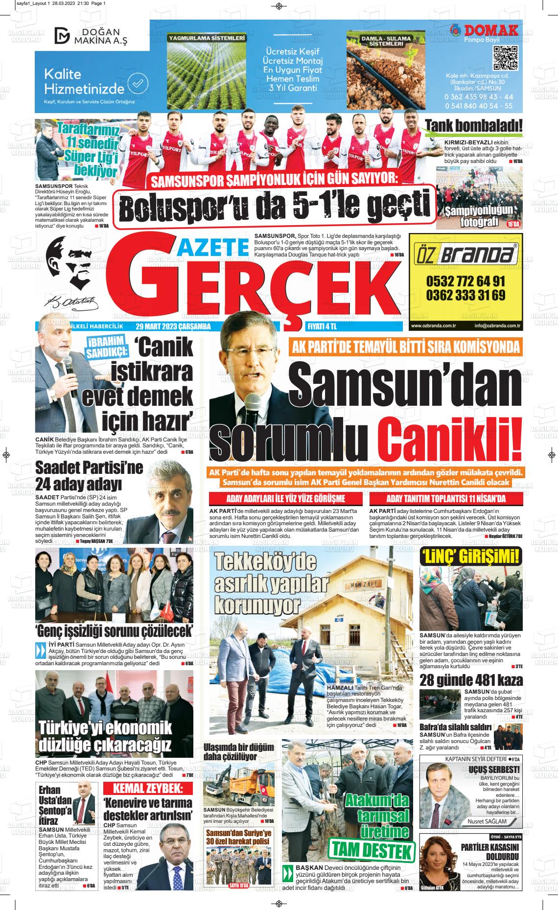 29 Mart 2023 Gazete Gerçek Gazete Manşeti