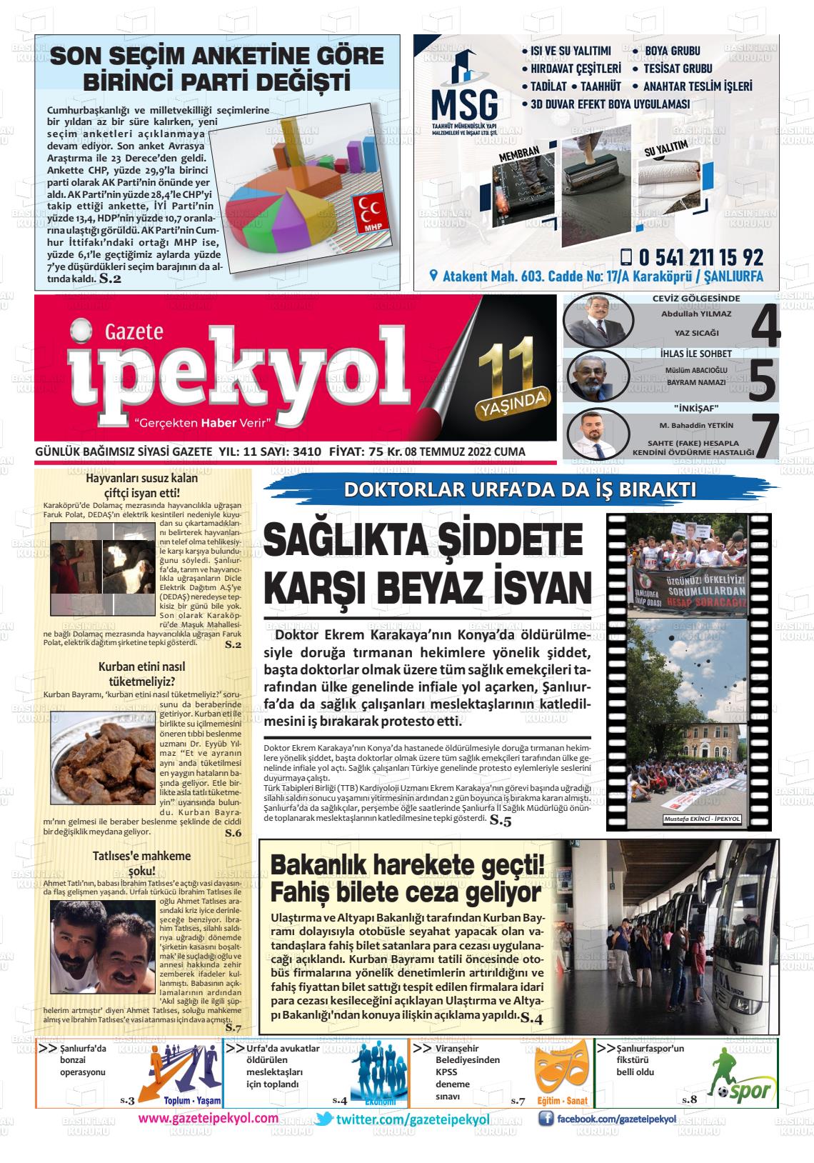 08 Temmuz 2022 Gazete İpekyol Gazete Manşeti