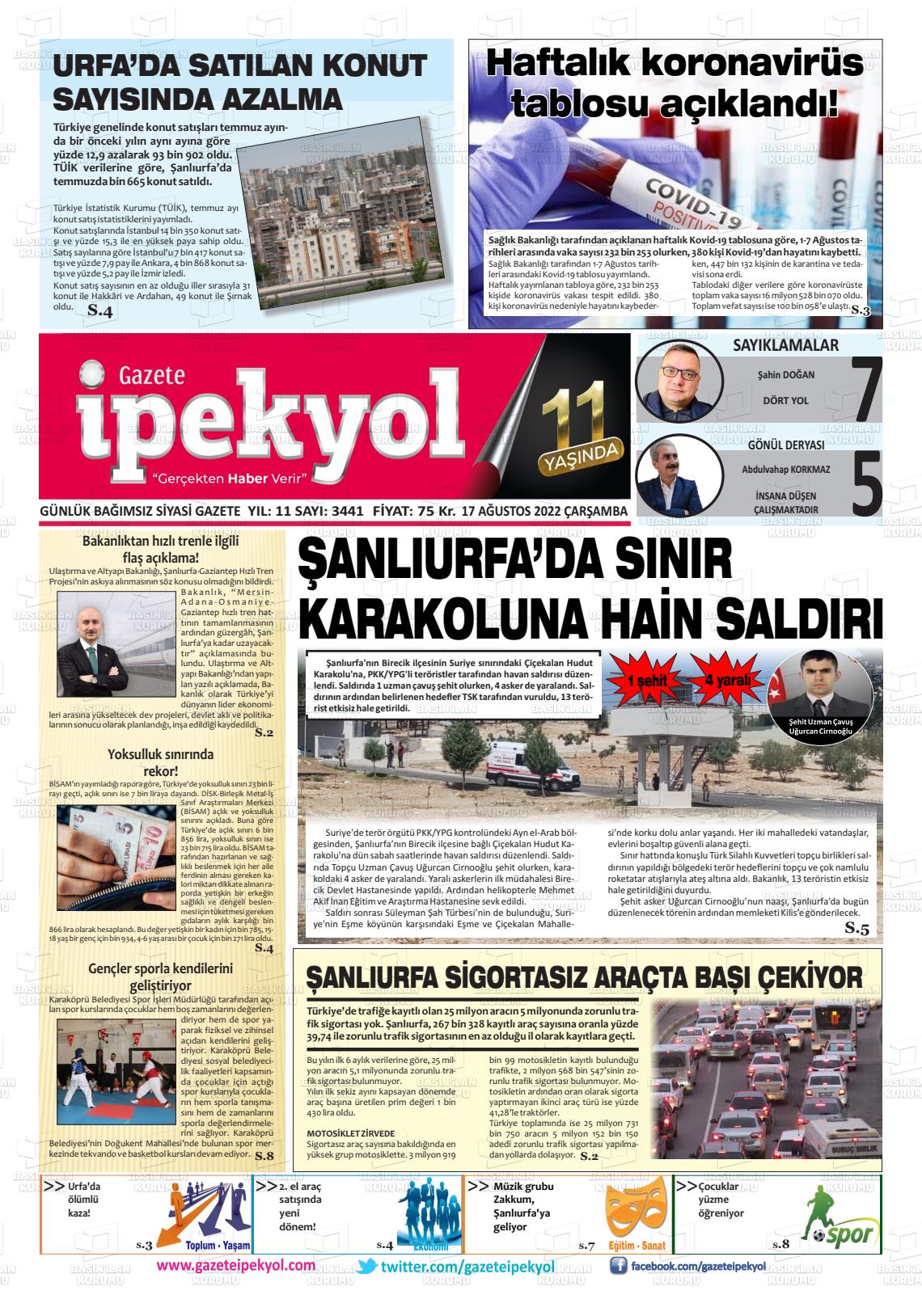 17 Ağustos 2022 Gazete İpekyol Gazete Manşeti