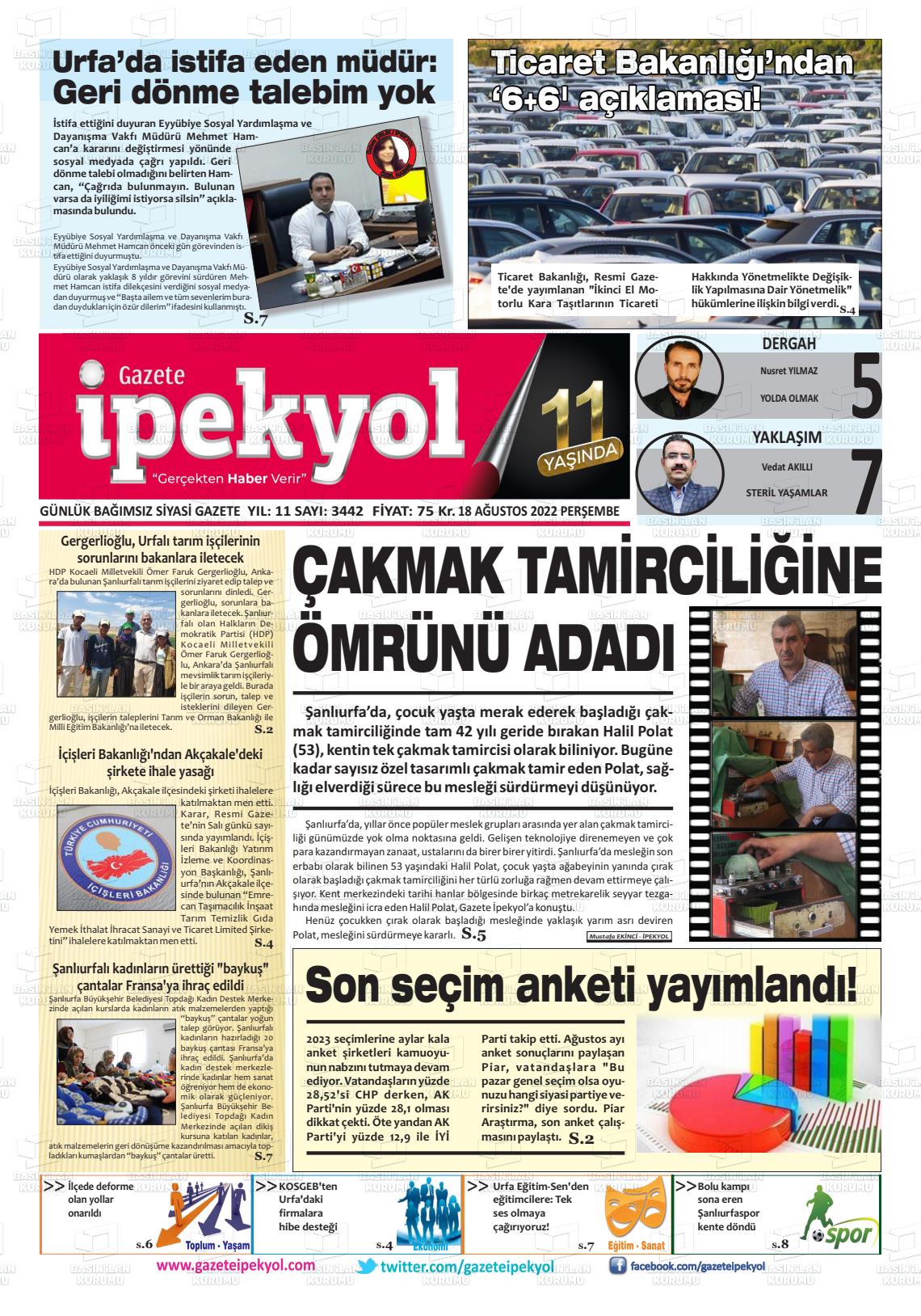 18 Ağustos 2022 Gazete İpekyol Gazete Manşeti
