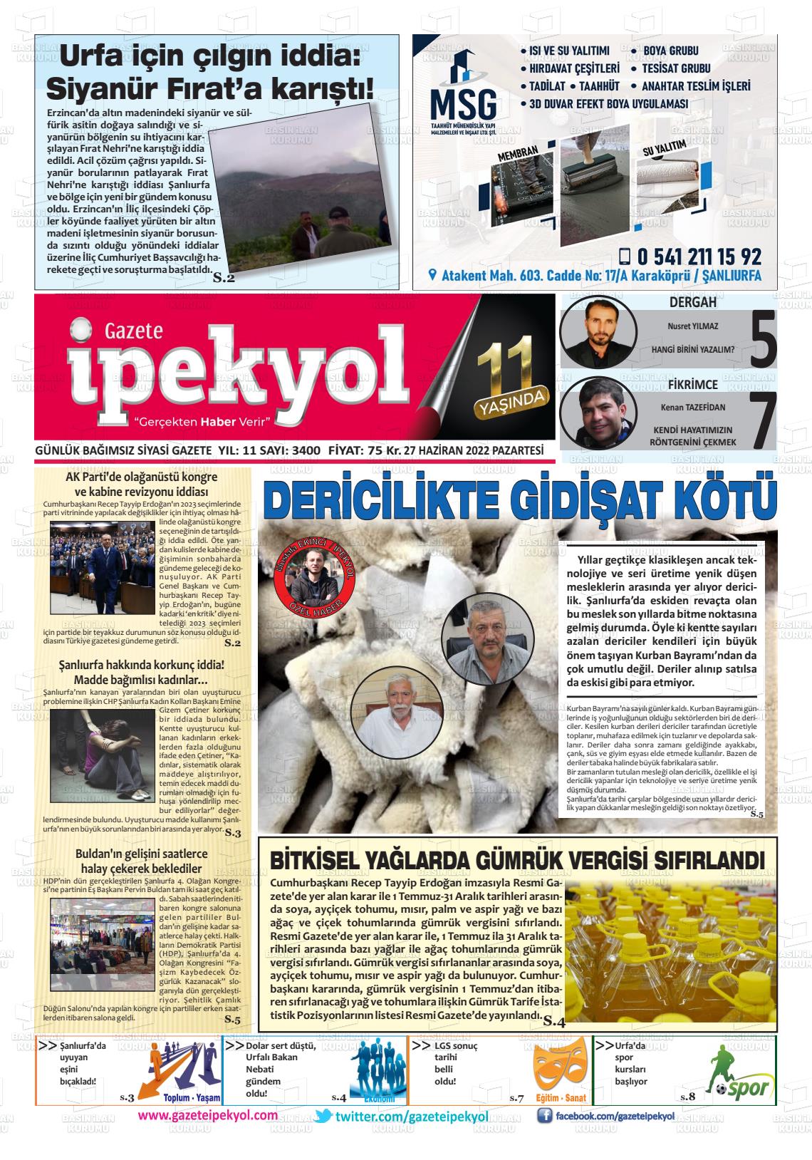 27 Haziran 2022 Gazete İpekyol Gazete Manşeti