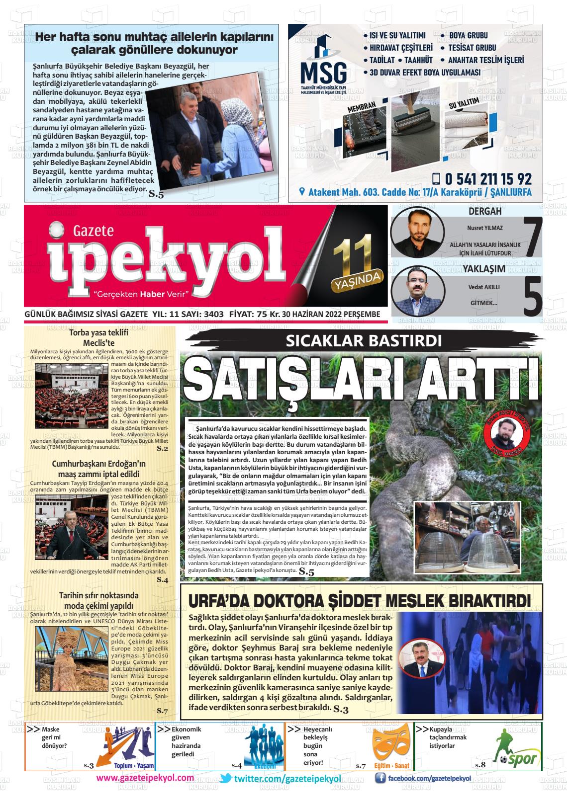 01 Temmuz 2022 Gazete İpekyol Gazete Manşeti