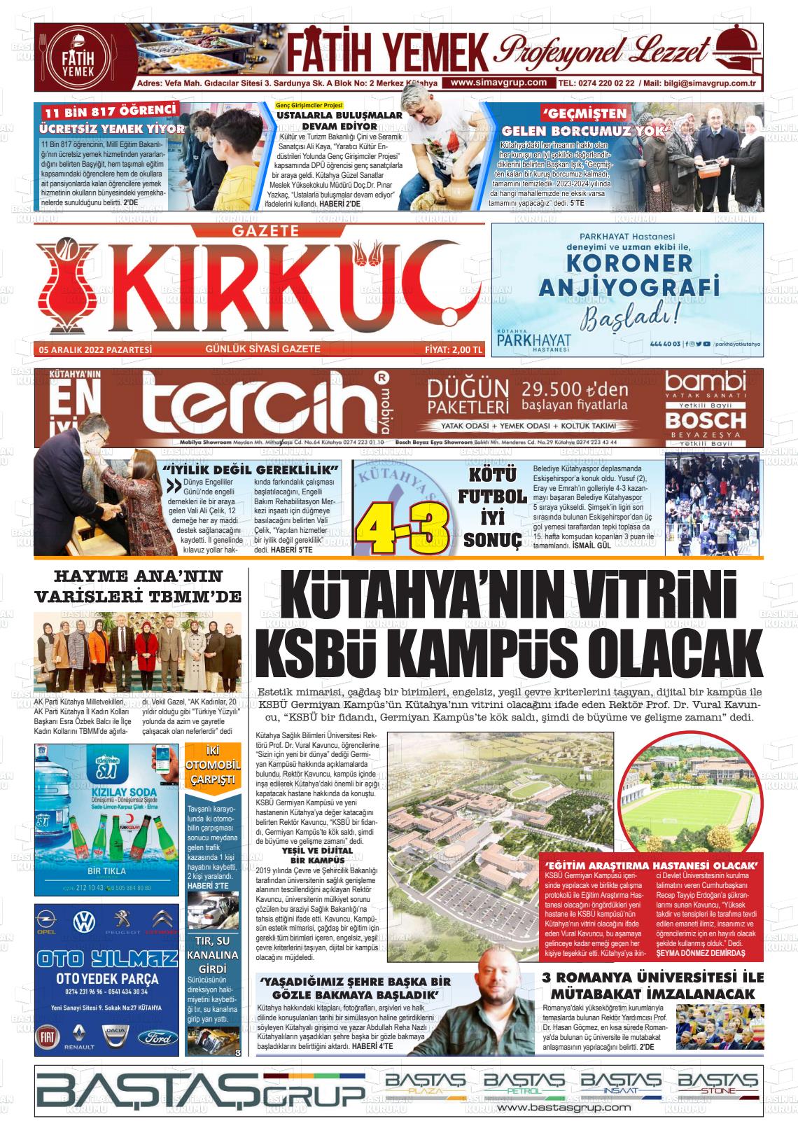 05 Aralık 2022 Gazete Kırküç Gazete Manşeti