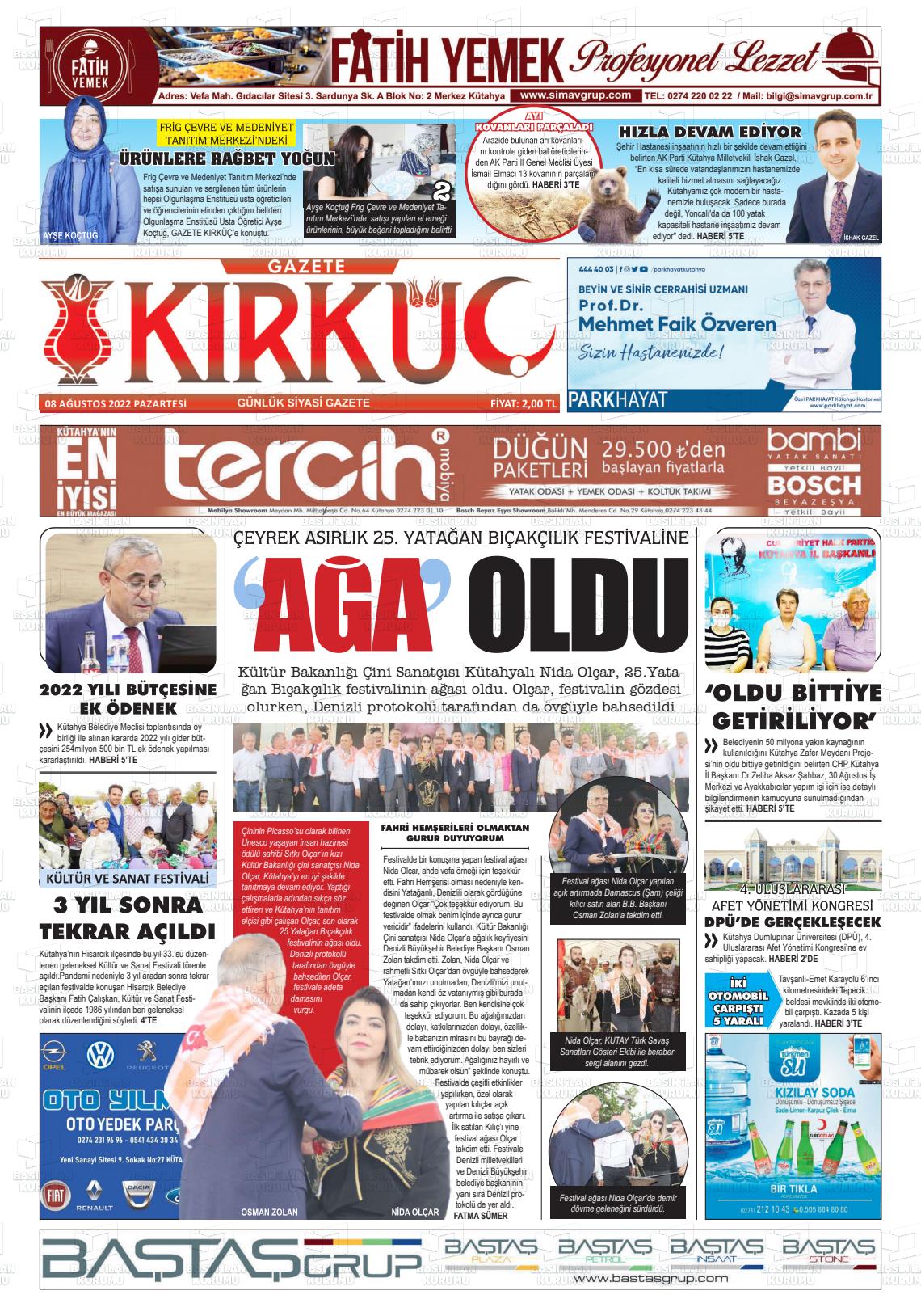 08 Ağustos 2022 Gazete Kırküç Gazete Manşeti