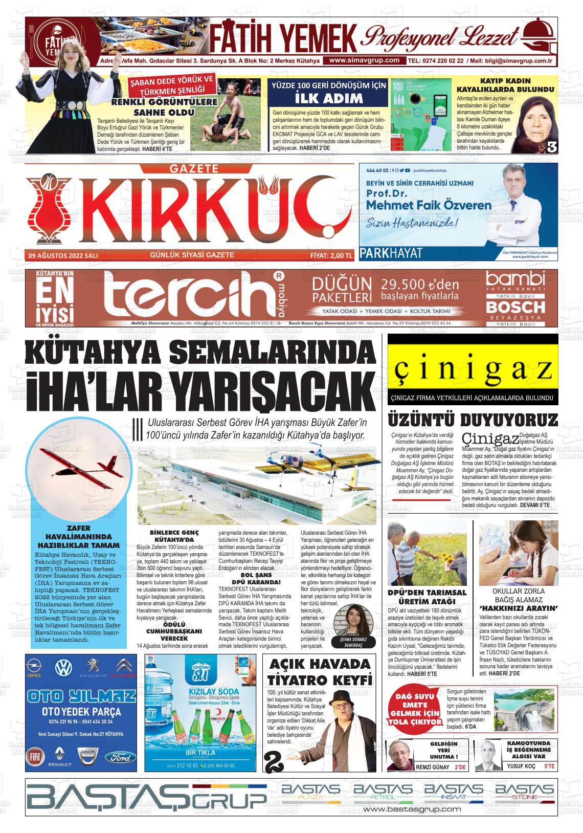 09 Ağustos 2022 Gazete Kırküç Gazete Manşeti