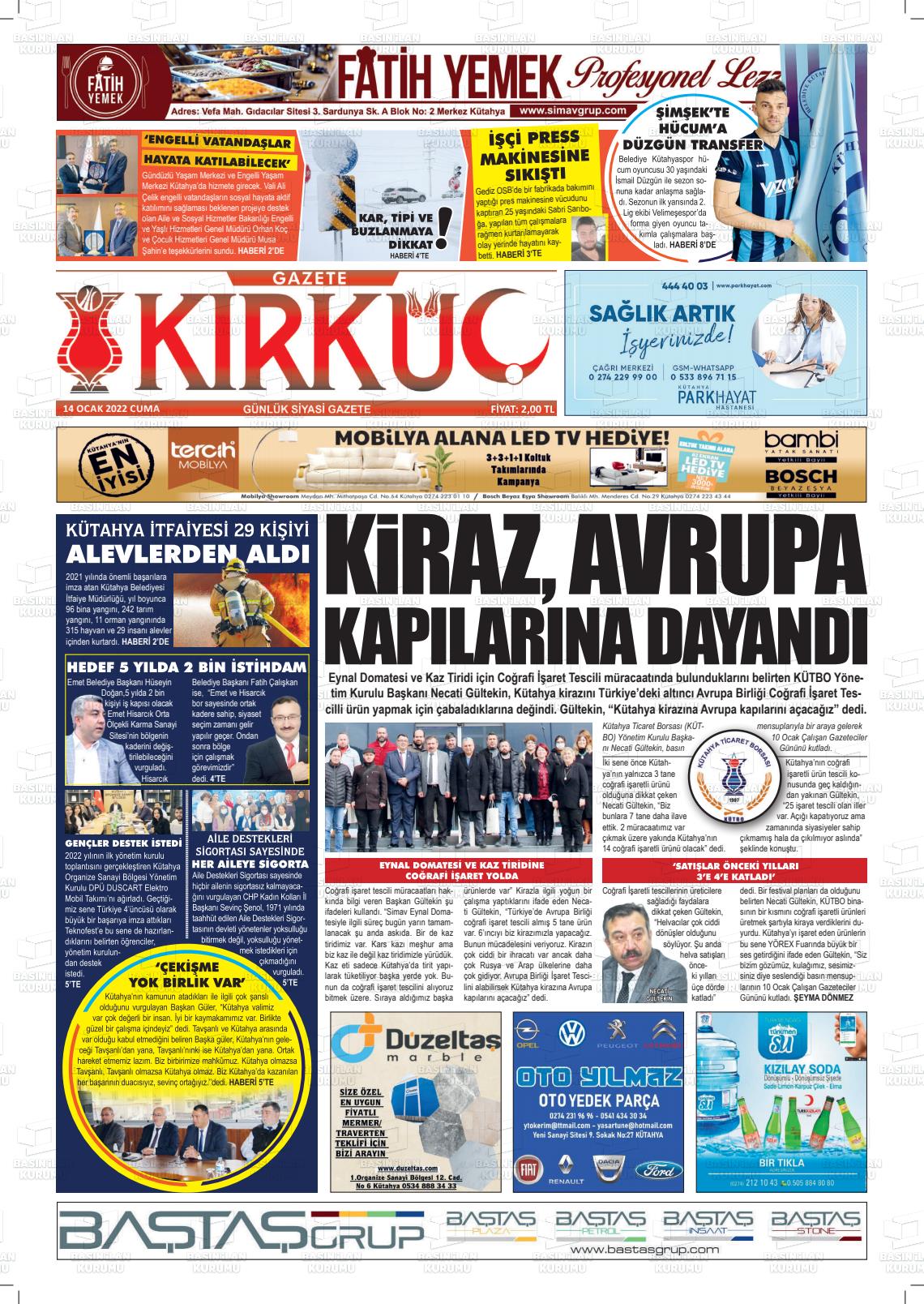 14 Ocak 2022 Gazete Kırküç Gazete Manşeti
