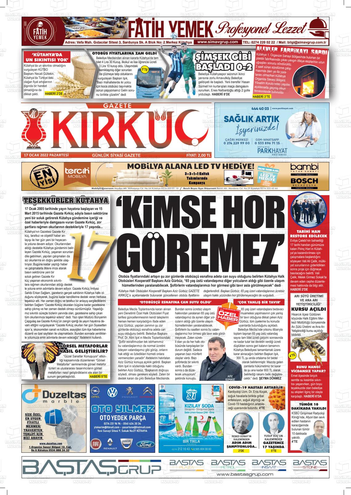 17 Ocak 2022 Gazete Kırküç Gazete Manşeti