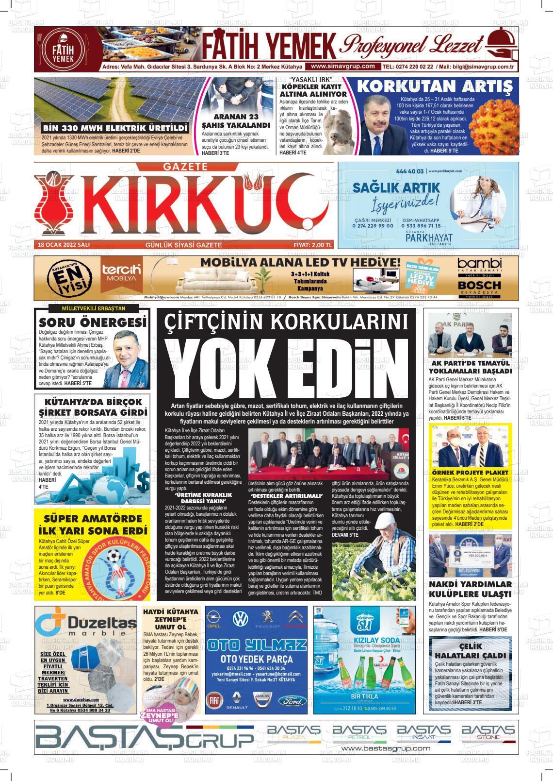 18 Ocak 2022 Gazete Kırküç Gazete Manşeti