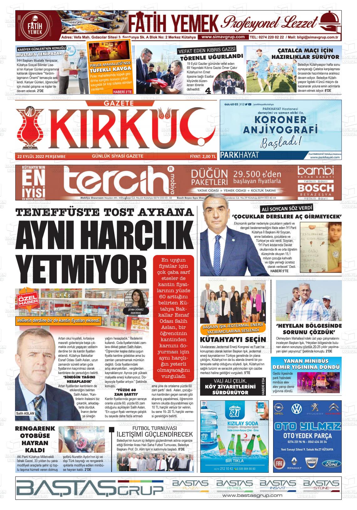 22 Eylül 2022 Gazete Kırküç Gazete Manşeti