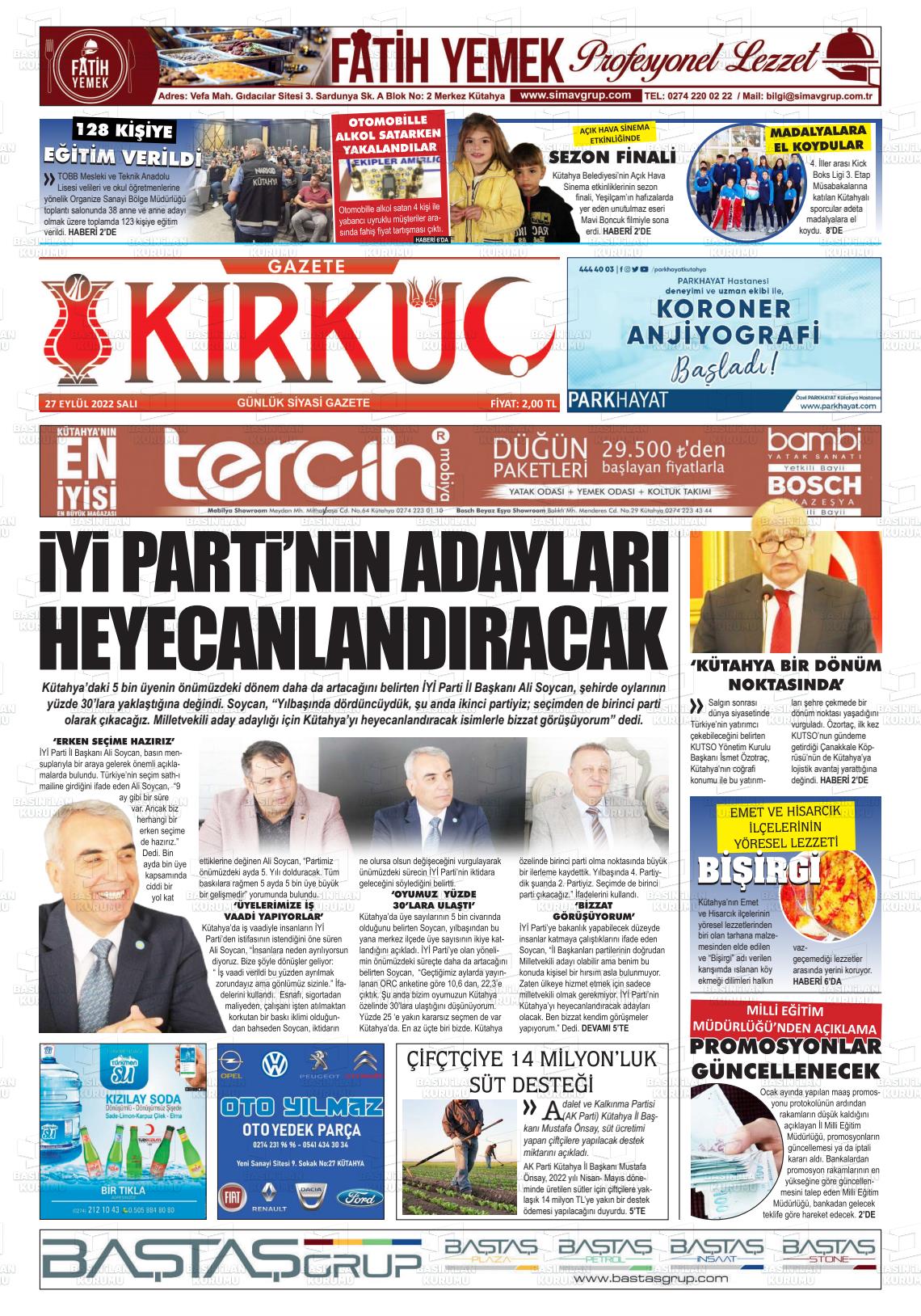 27 Eylül 2022 Gazete Kırküç Gazete Manşeti