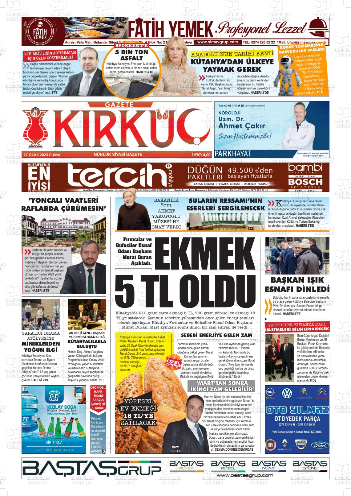 27 Ocak 2023 Gazete Kırküç Gazete Manşeti