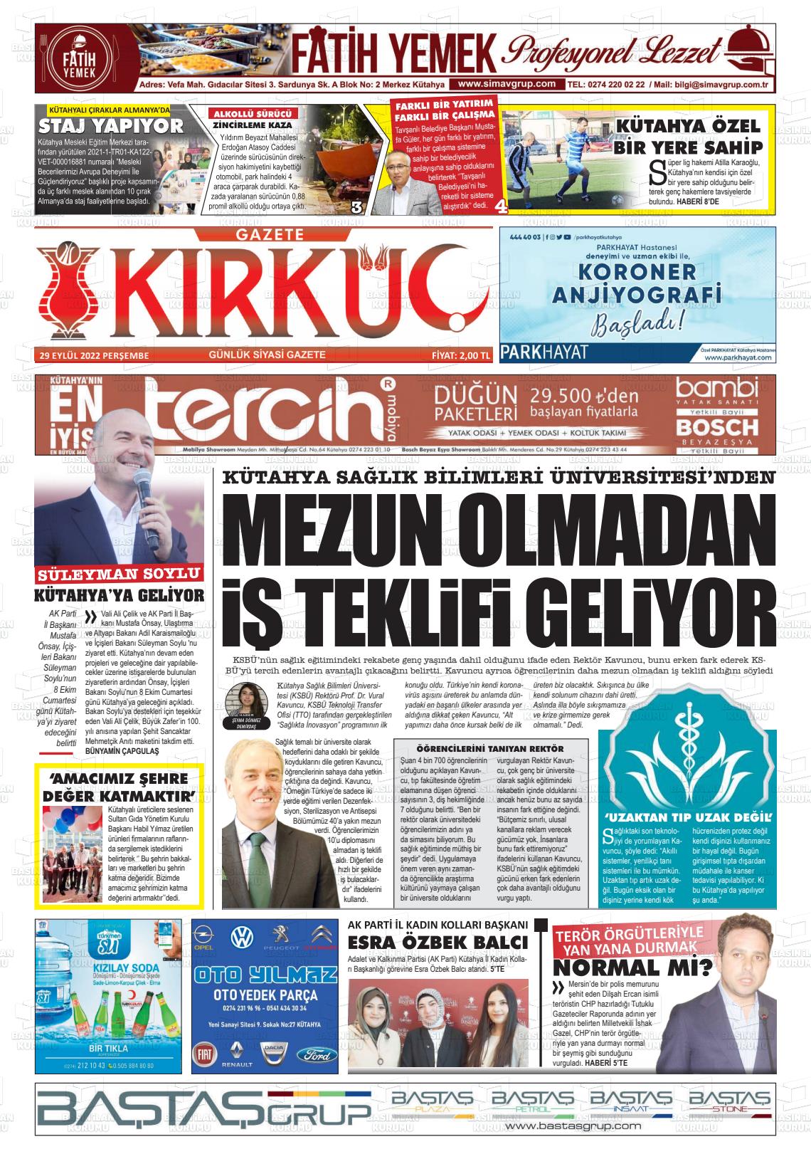 29 Eylül 2022 Gazete Kırküç Gazete Manşeti