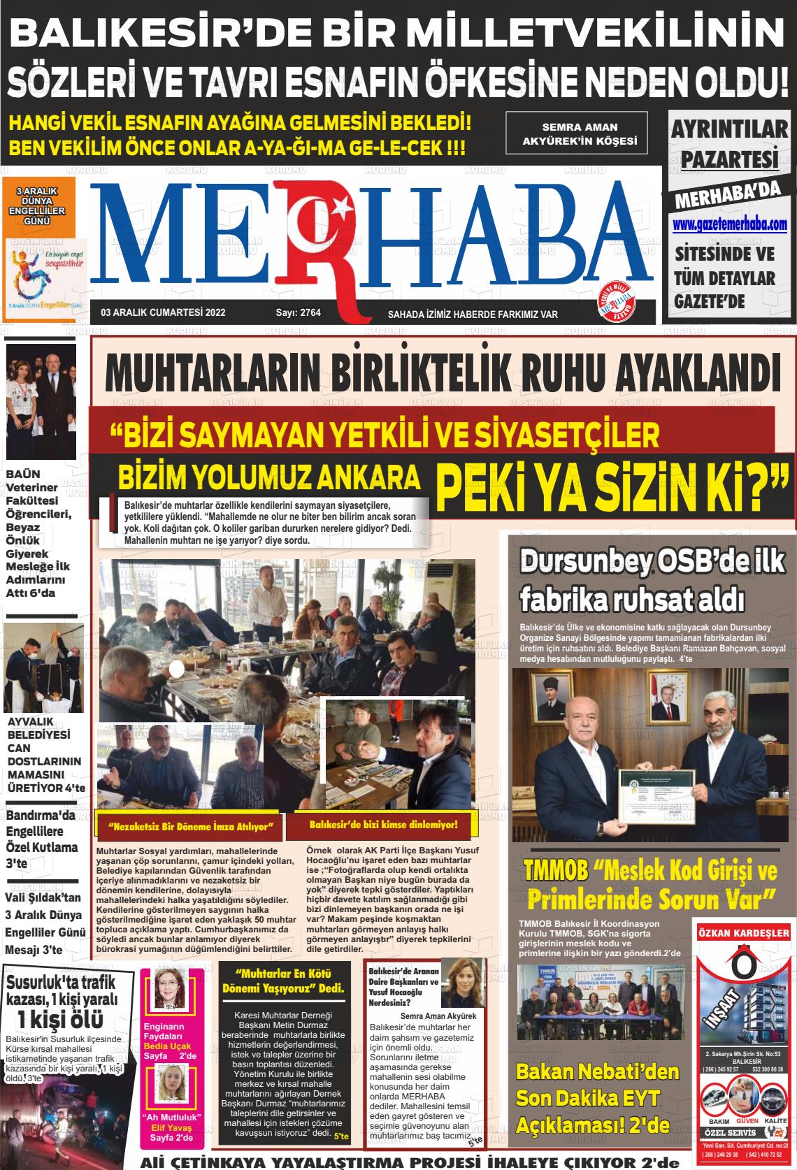 03 Aralık 2022 Büyükşehir Merhaba GAzetesi Gazete Manşeti