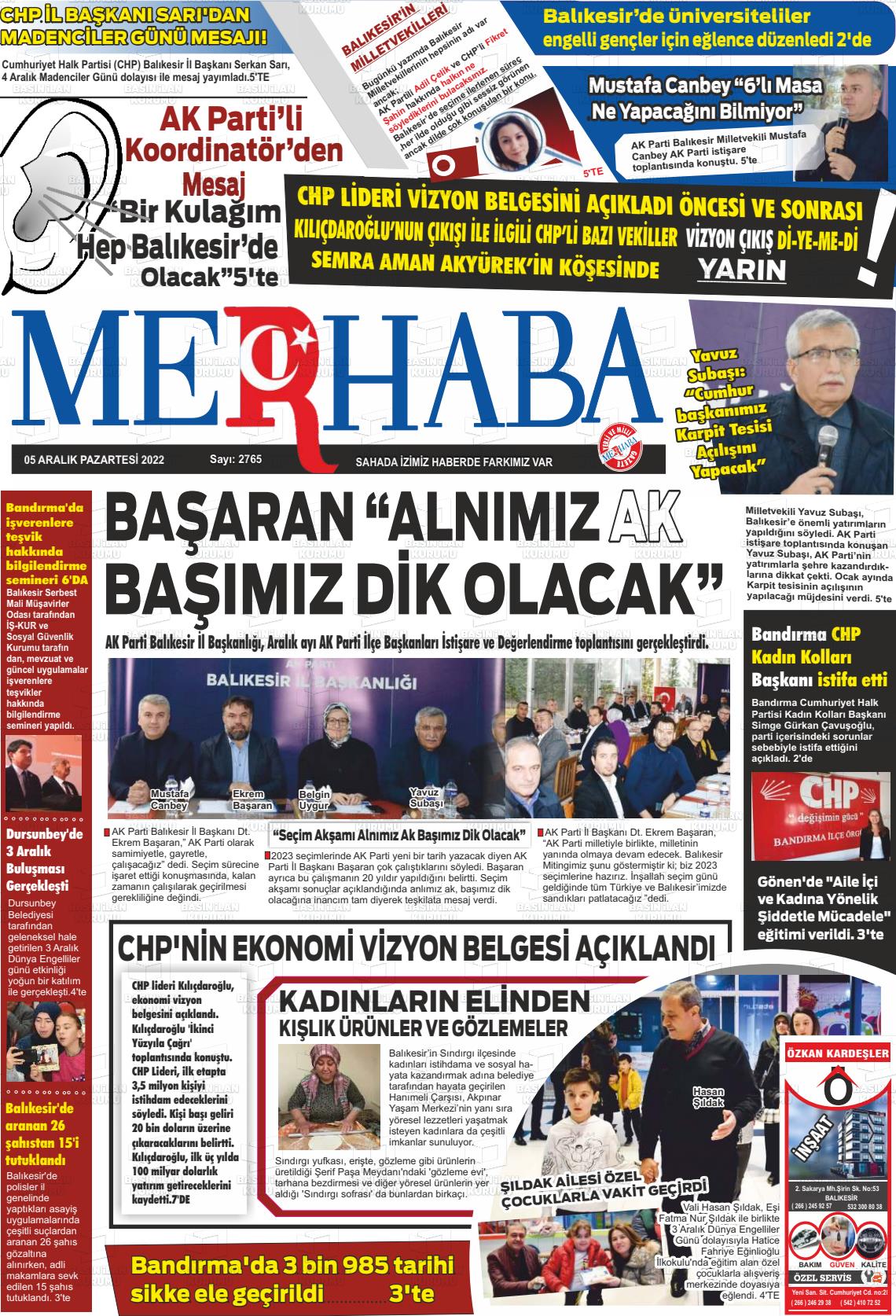 05 Aralık 2022 Büyükşehir Merhaba GAzetesi Gazete Manşeti