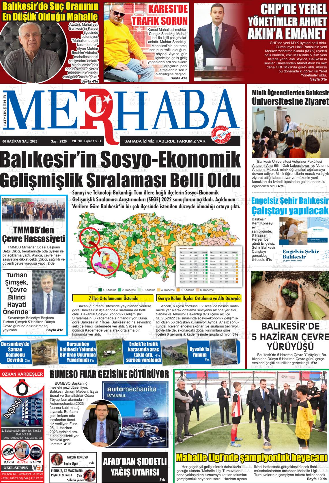 06 Haziran 2023 Büyükşehir Merhaba GAzetesi Gazete Manşeti