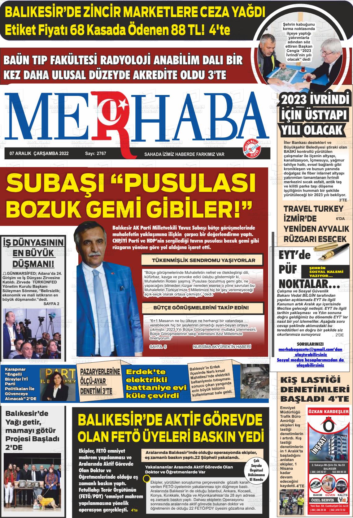 07 Aralık 2022 Büyükşehir Merhaba GAzetesi Gazete Manşeti