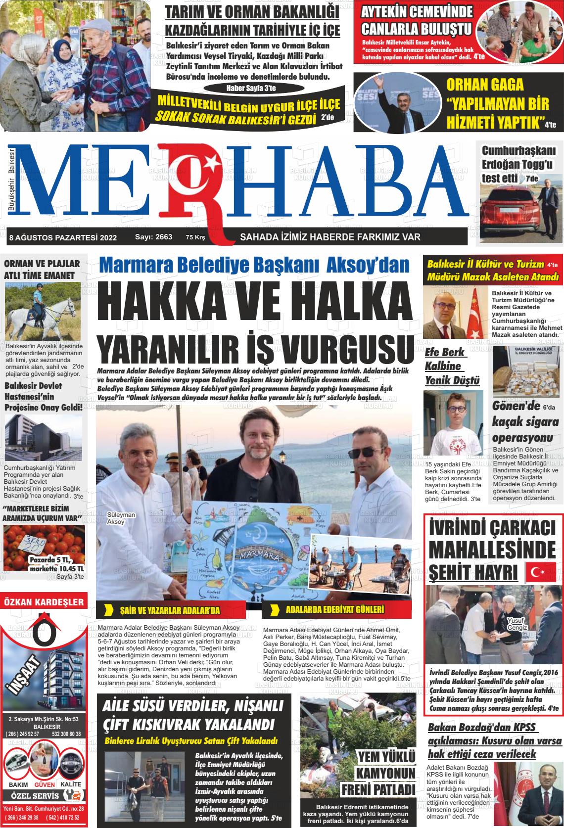 08 Ağustos 2022 Büyükşehir Merhaba GAzetesi Gazete Manşeti