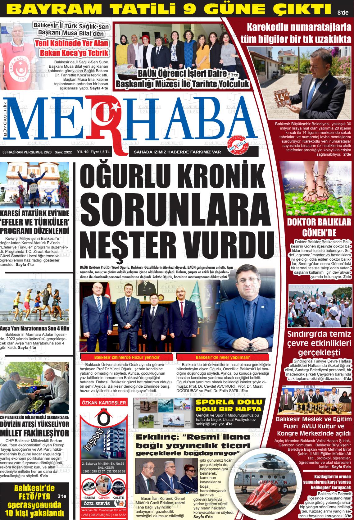 08 Haziran 2023 Büyükşehir Merhaba GAzetesi Gazete Manşeti