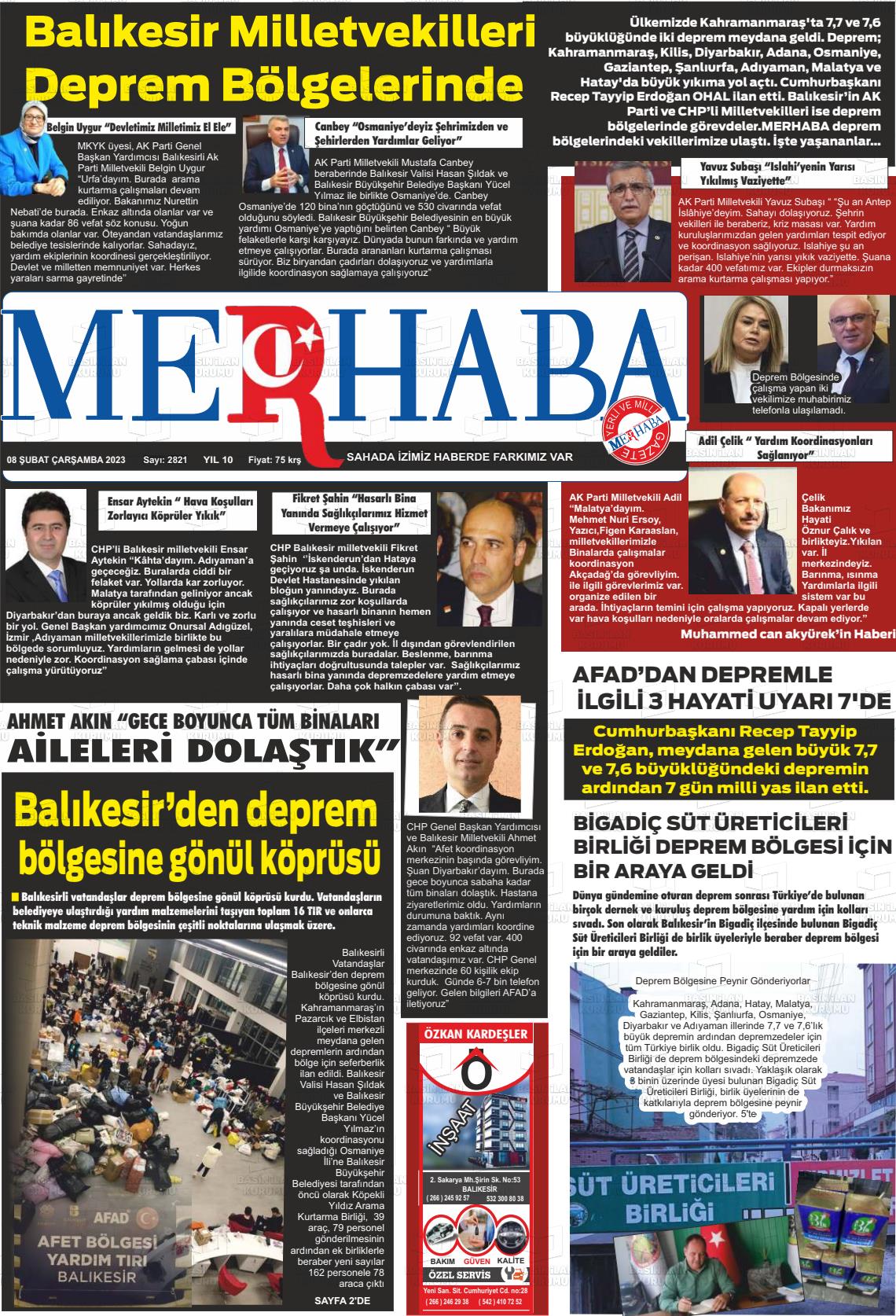 08 Şubat 2023 Büyükşehir Merhaba GAzetesi Gazete Manşeti