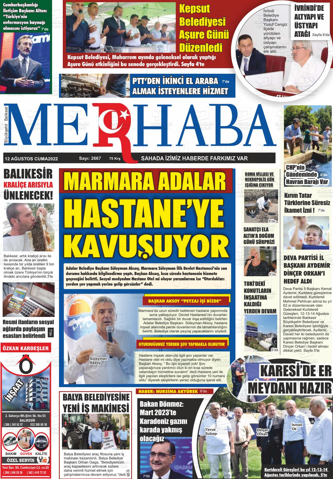 12 Ağustos 2022 Büyükşehir Merhaba GAzetesi Gazete Manşeti
