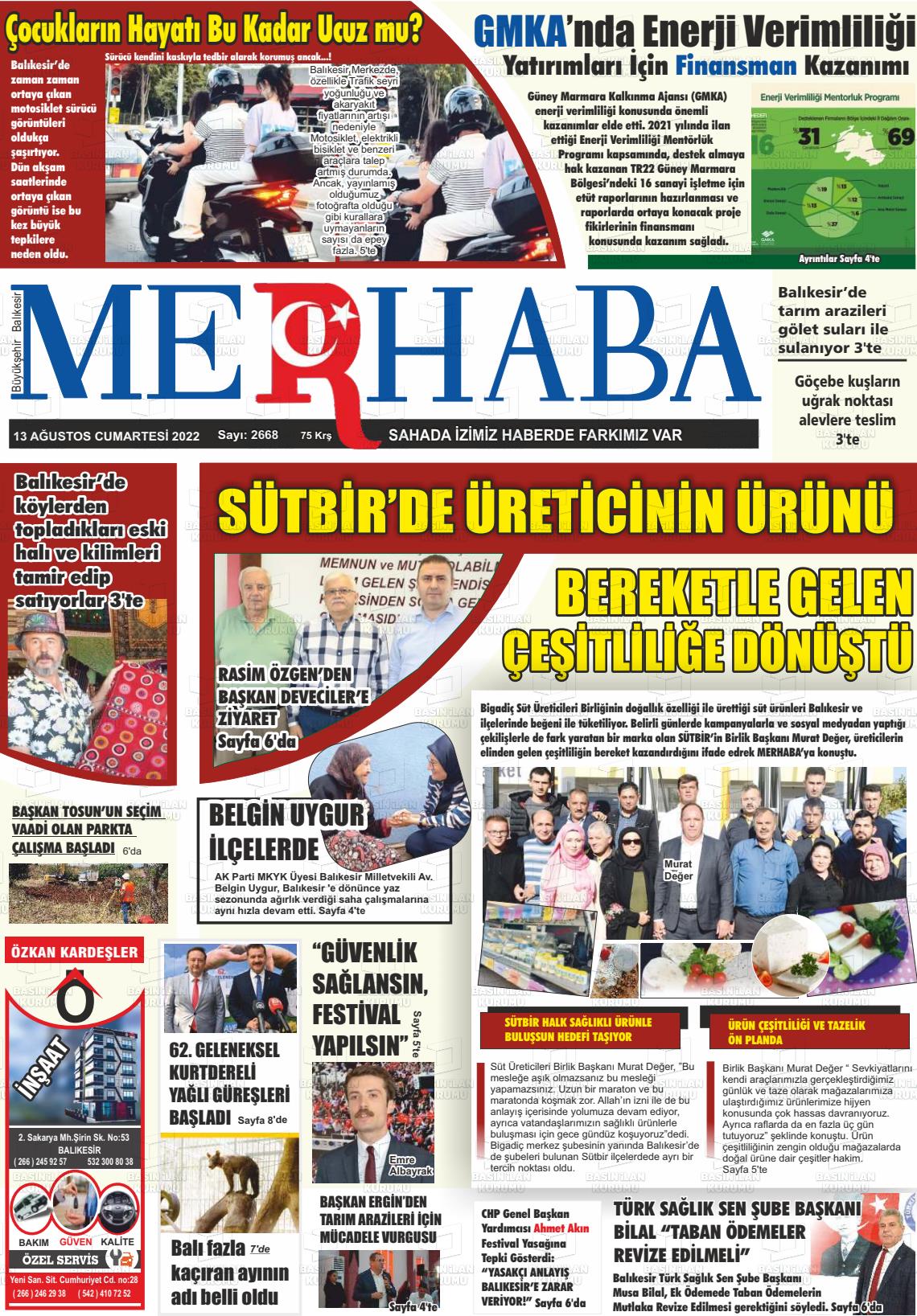 13 Ağustos 2022 Büyükşehir Merhaba GAzetesi Gazete Manşeti