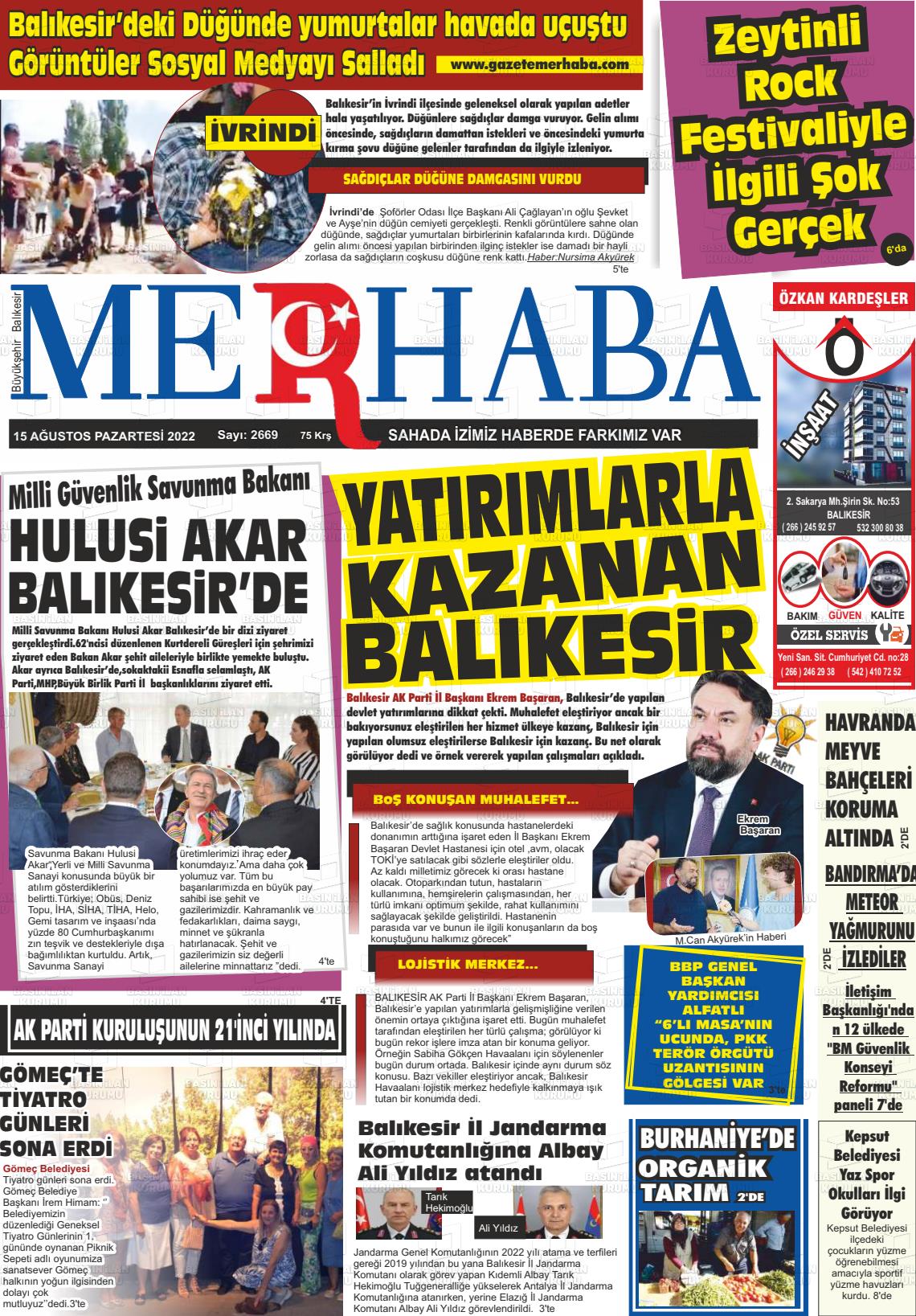 15 Ağustos 2022 Büyükşehir Merhaba GAzetesi Gazete Manşeti