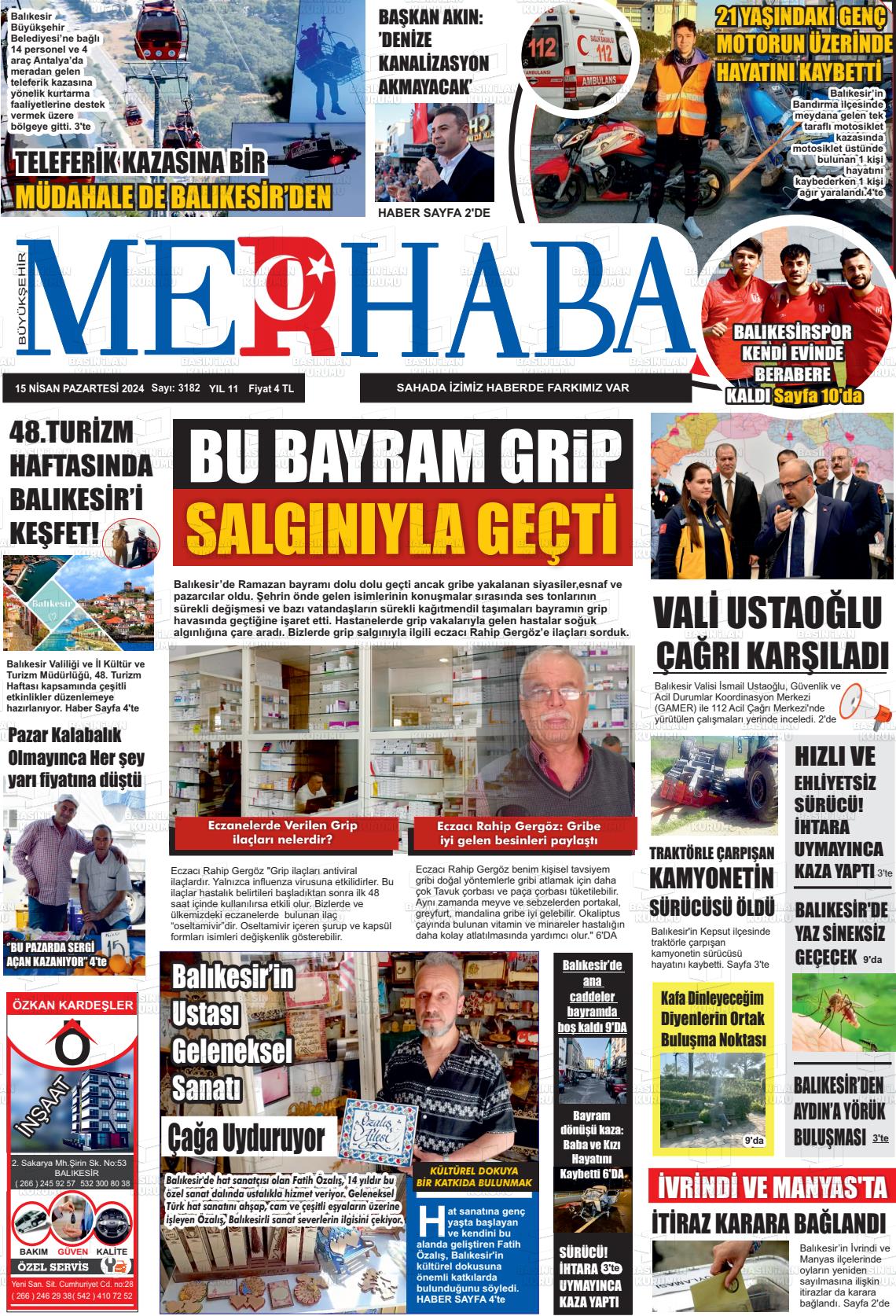 15 Nisan 2024 Büyükşehir Merhaba GAzetesi Gazete Manşeti