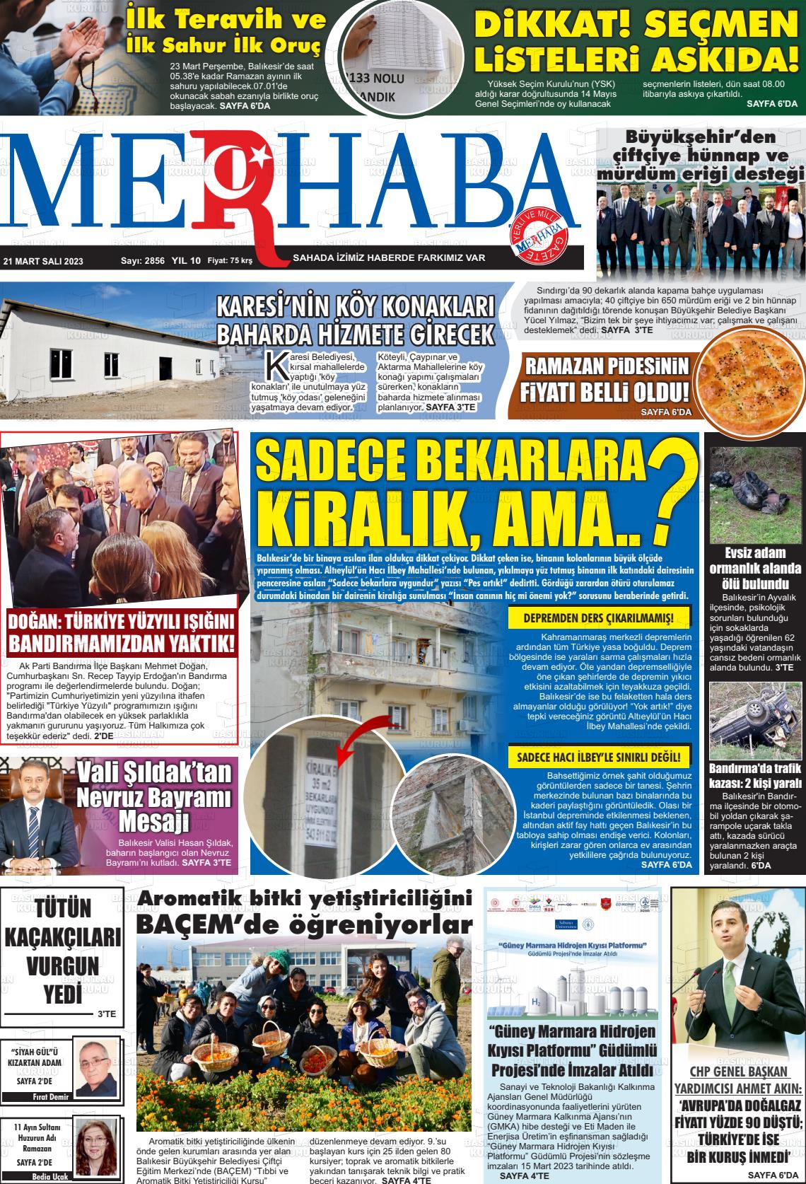 21 Mart 2023 Büyükşehir Merhaba GAzetesi Gazete Manşeti