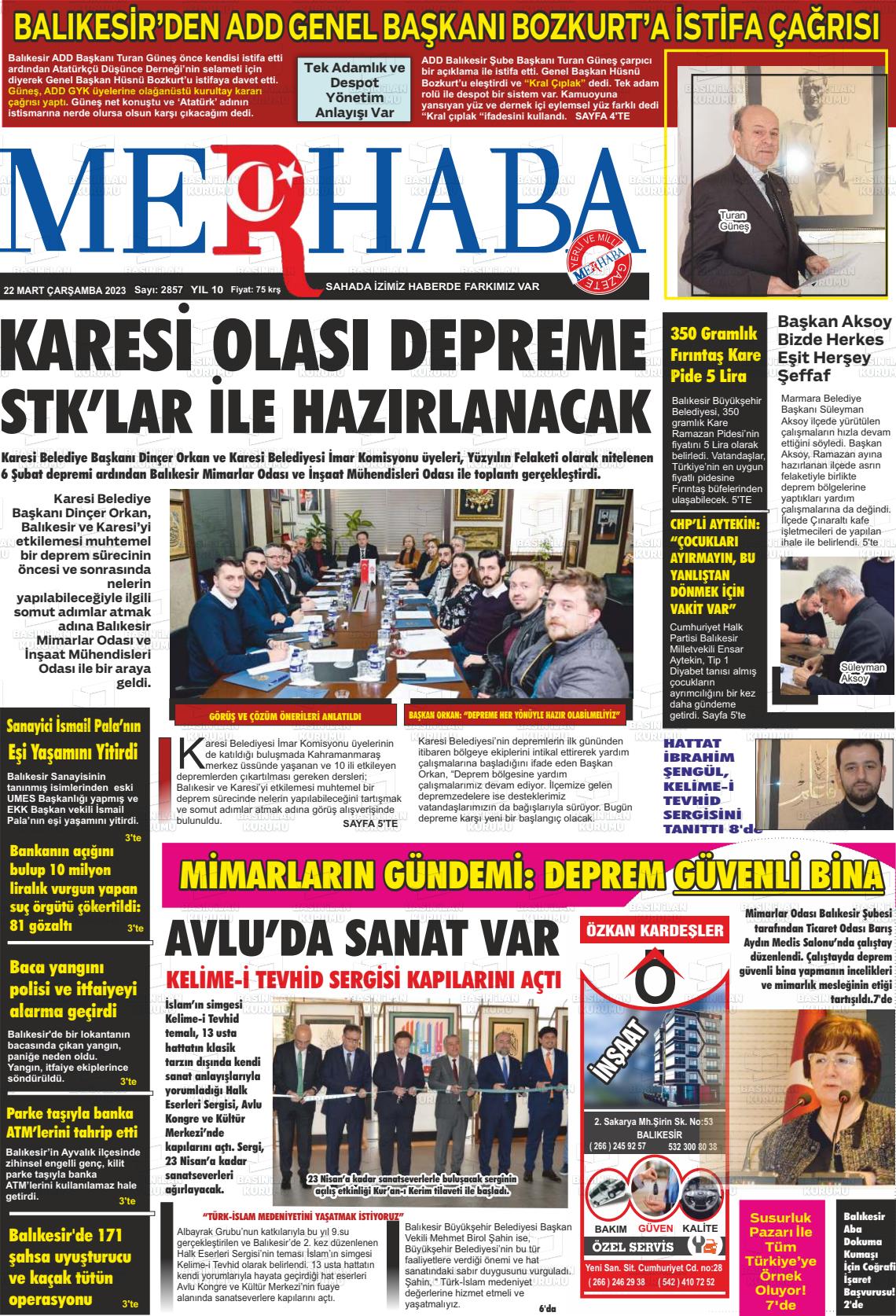 22 Mart 2023 Büyükşehir Merhaba GAzetesi Gazete Manşeti
