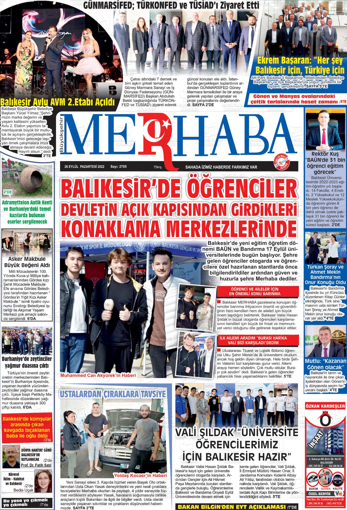 26 Eylül 2022 Büyükşehir Merhaba GAzetesi Gazete Manşeti
