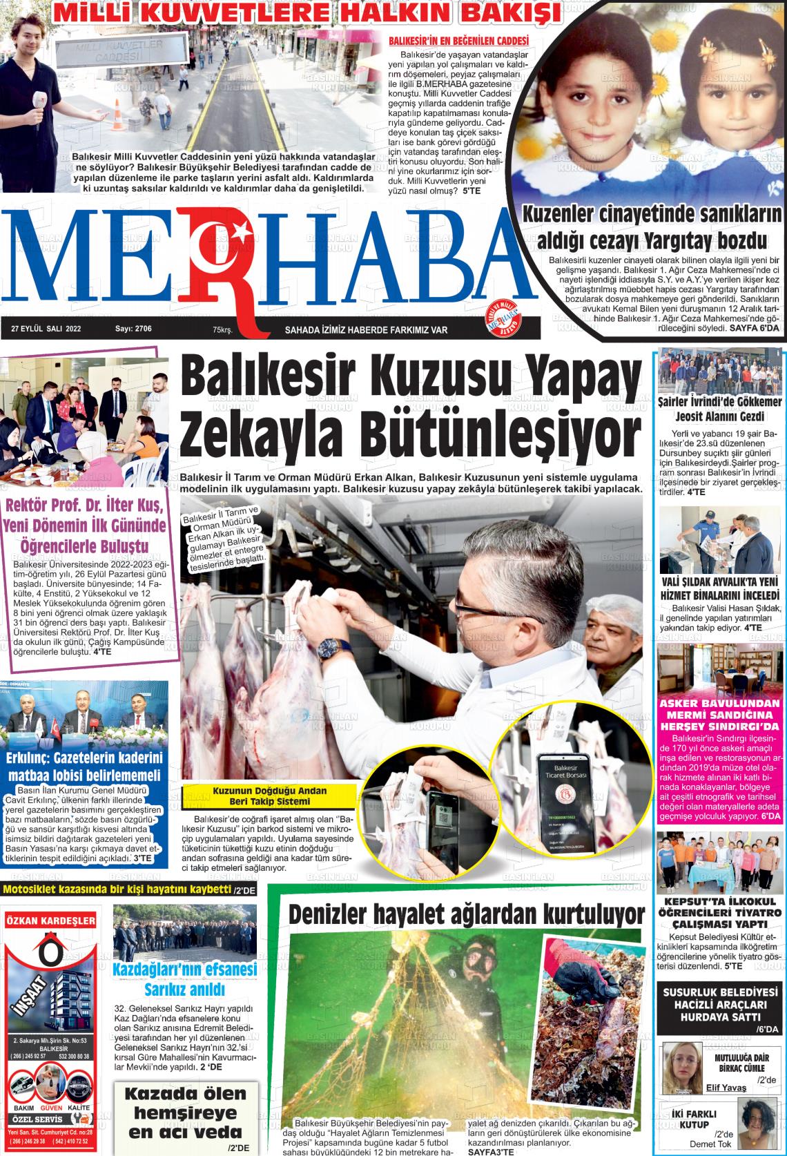 27 Eylül 2022 Büyükşehir Merhaba GAzetesi Gazete Manşeti