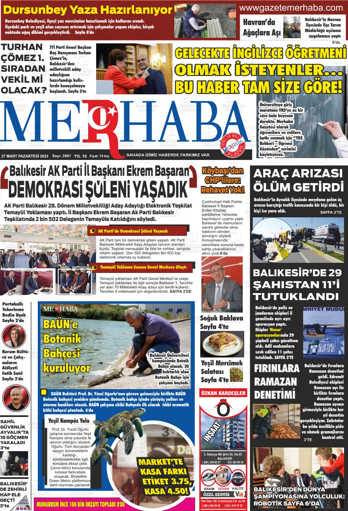 27 Mart 2023 Büyükşehir Merhaba GAzetesi Gazete Manşeti