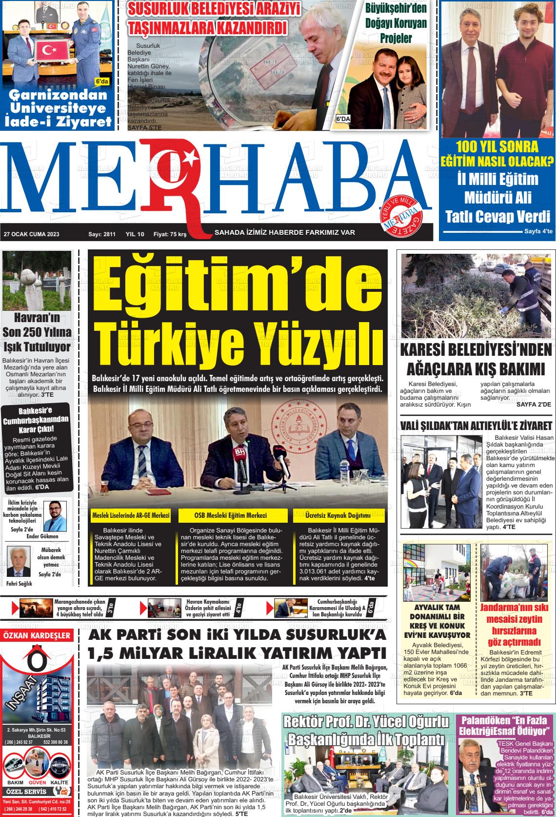 27 Ocak 2023 Büyükşehir Merhaba GAzetesi Gazete Manşeti