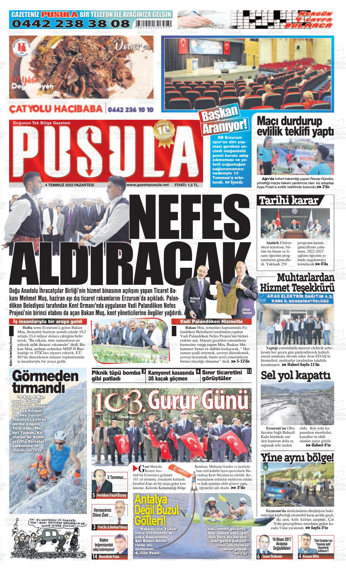 04 Temmuz 2022 Erzurum Pusula Gazete Manşeti