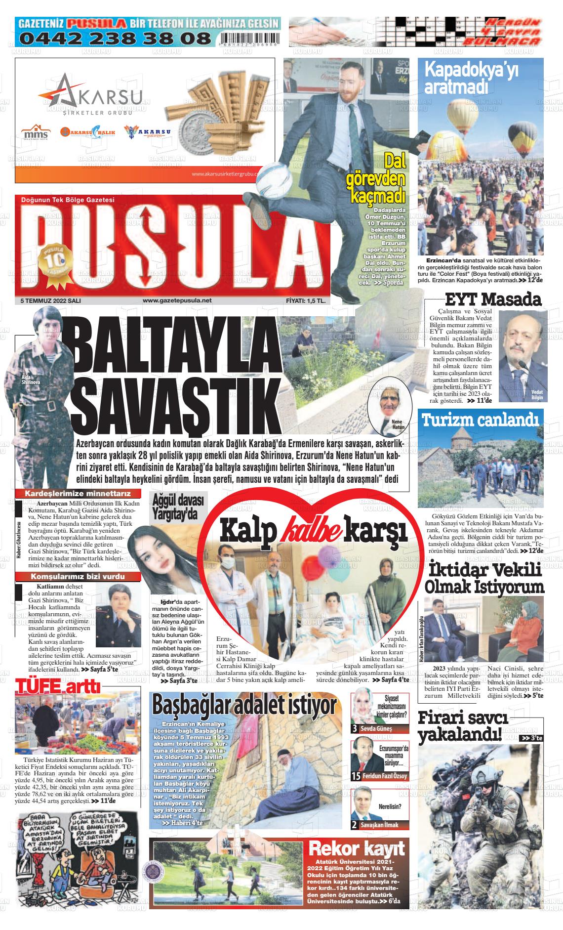 05 Temmuz 2022 Erzurum Pusula Gazete Manşeti