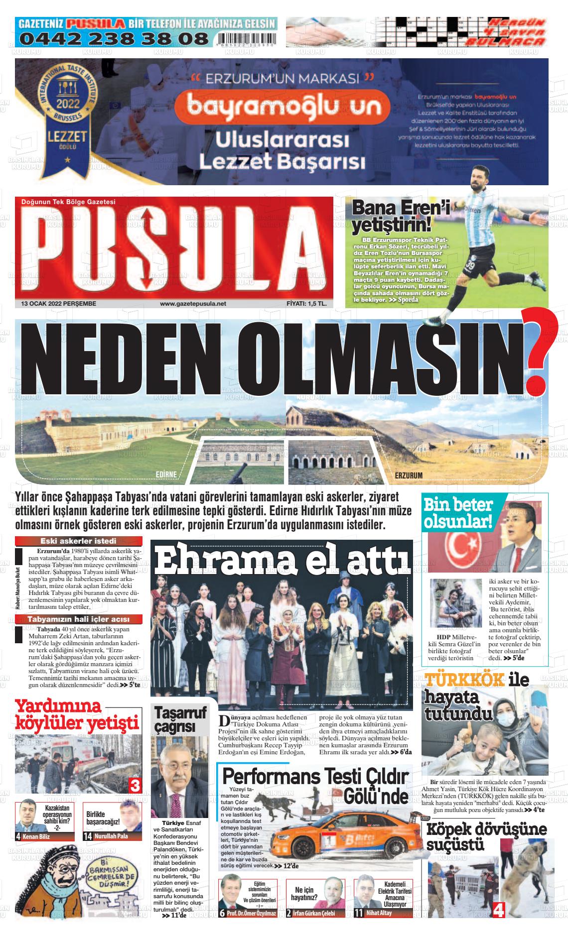 13 Ocak 2022 Erzurum Pusula Gazete Manşeti