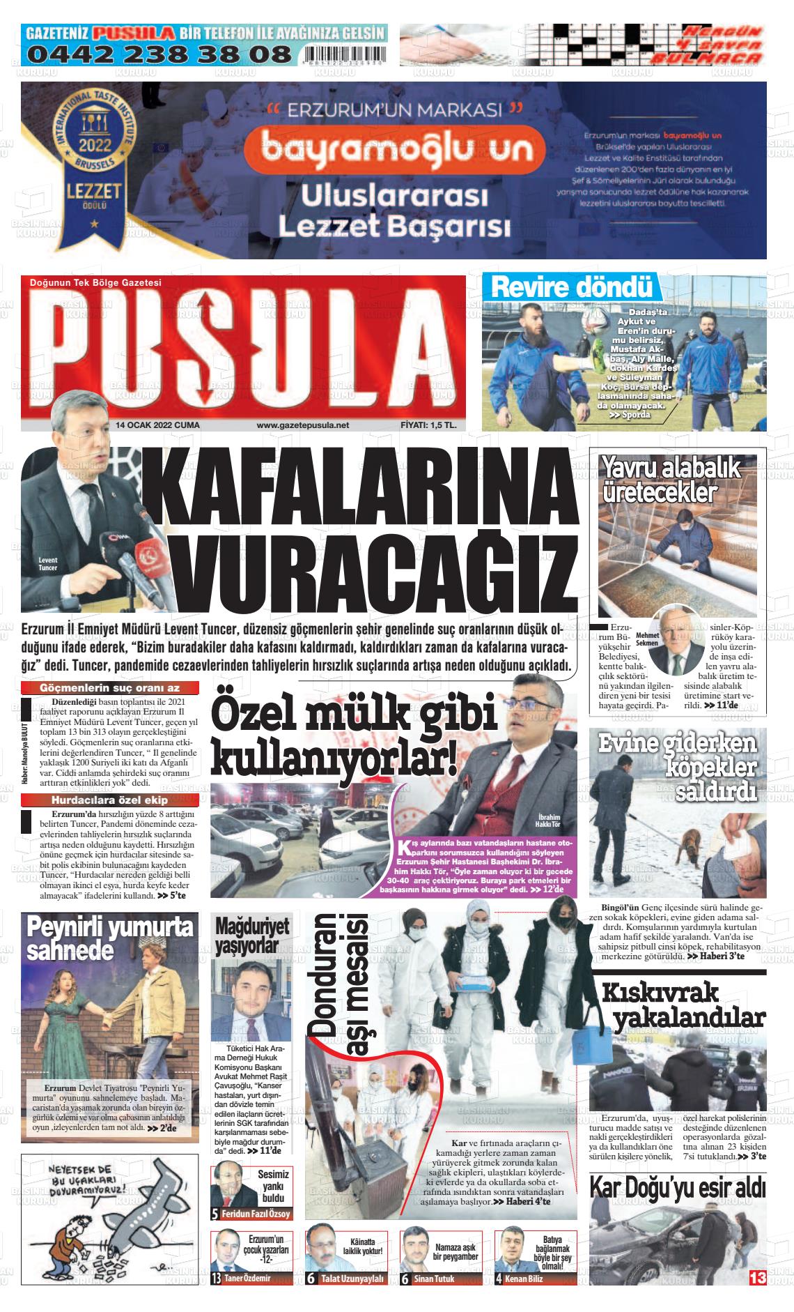 14 Ocak 2022 Erzurum Pusula Gazete Manşeti