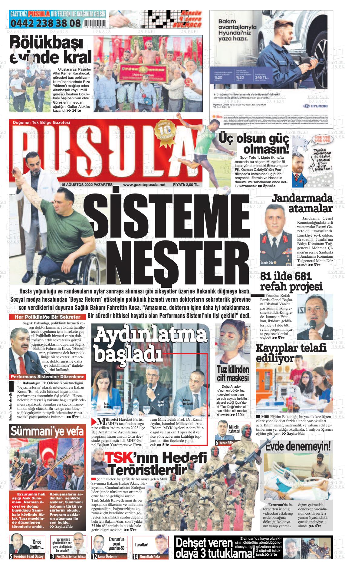 15 Ağustos 2022 Erzurum Pusula Gazete Manşeti