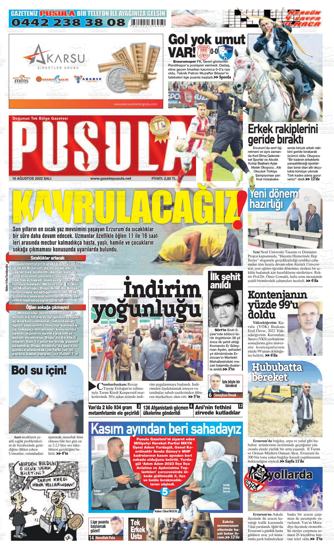 16 Ağustos 2022 Erzurum Pusula Gazete Manşeti