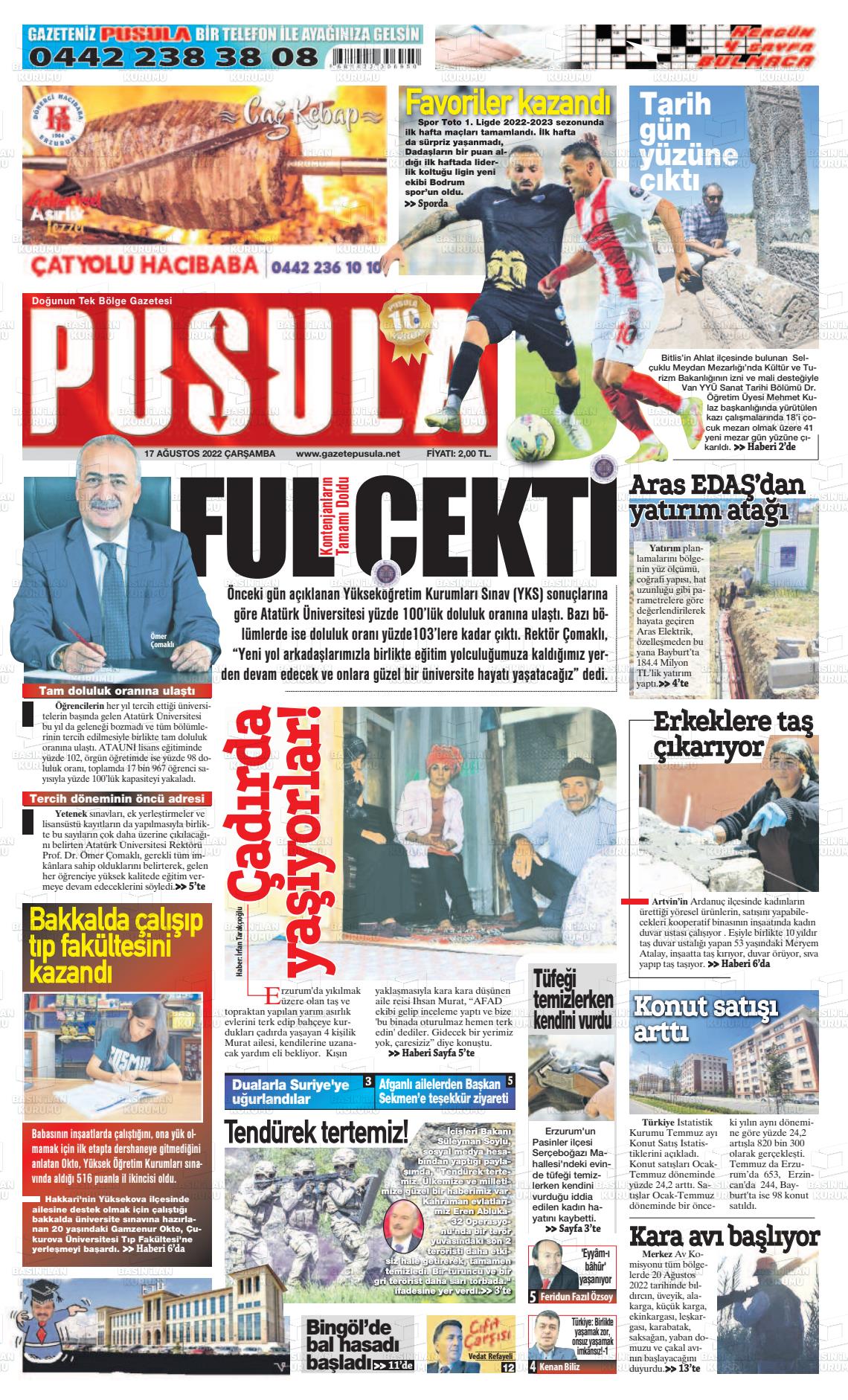 17 Ağustos 2022 Erzurum Pusula Gazete Manşeti
