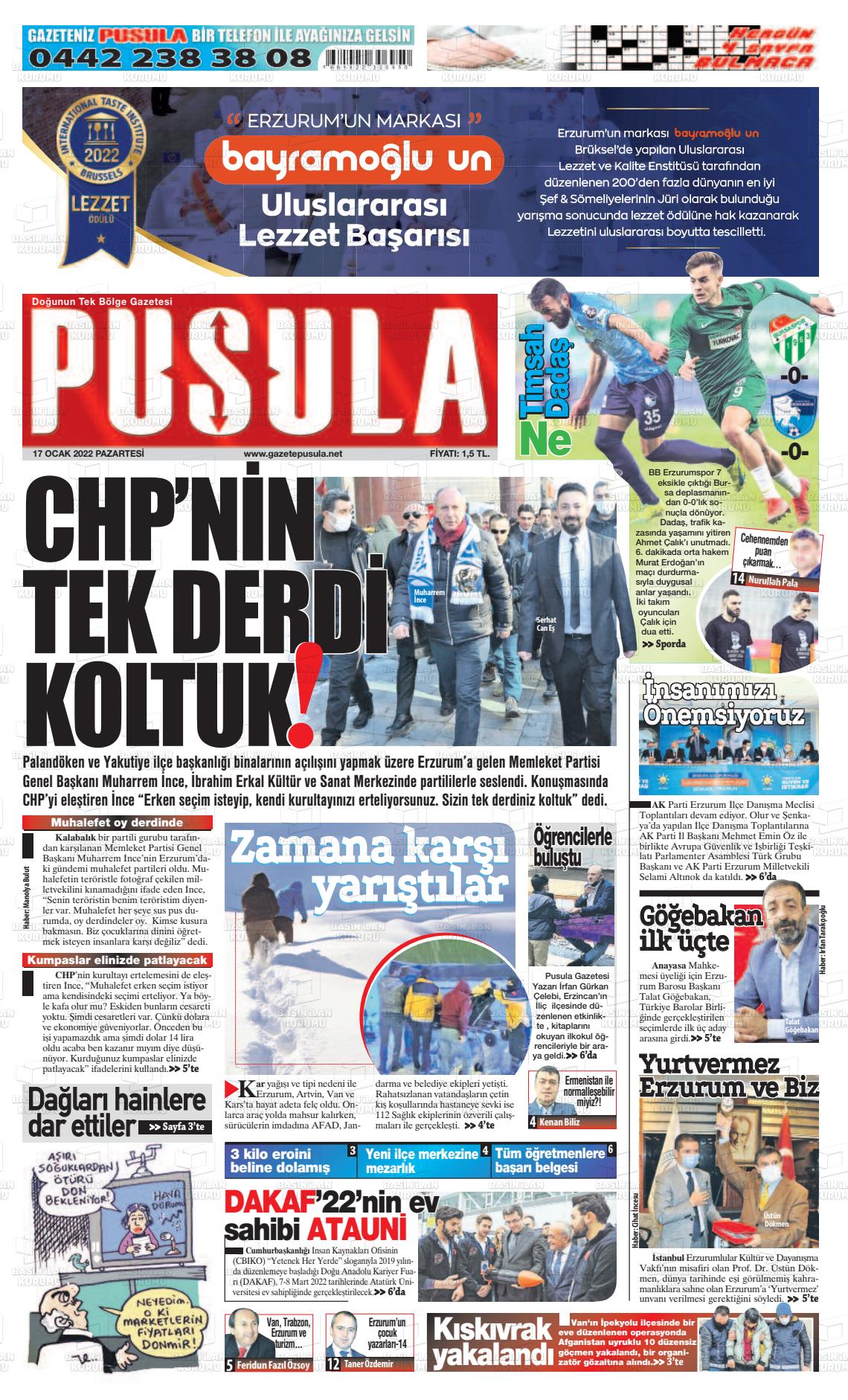 17 Ocak 2022 Erzurum Pusula Gazete Manşeti