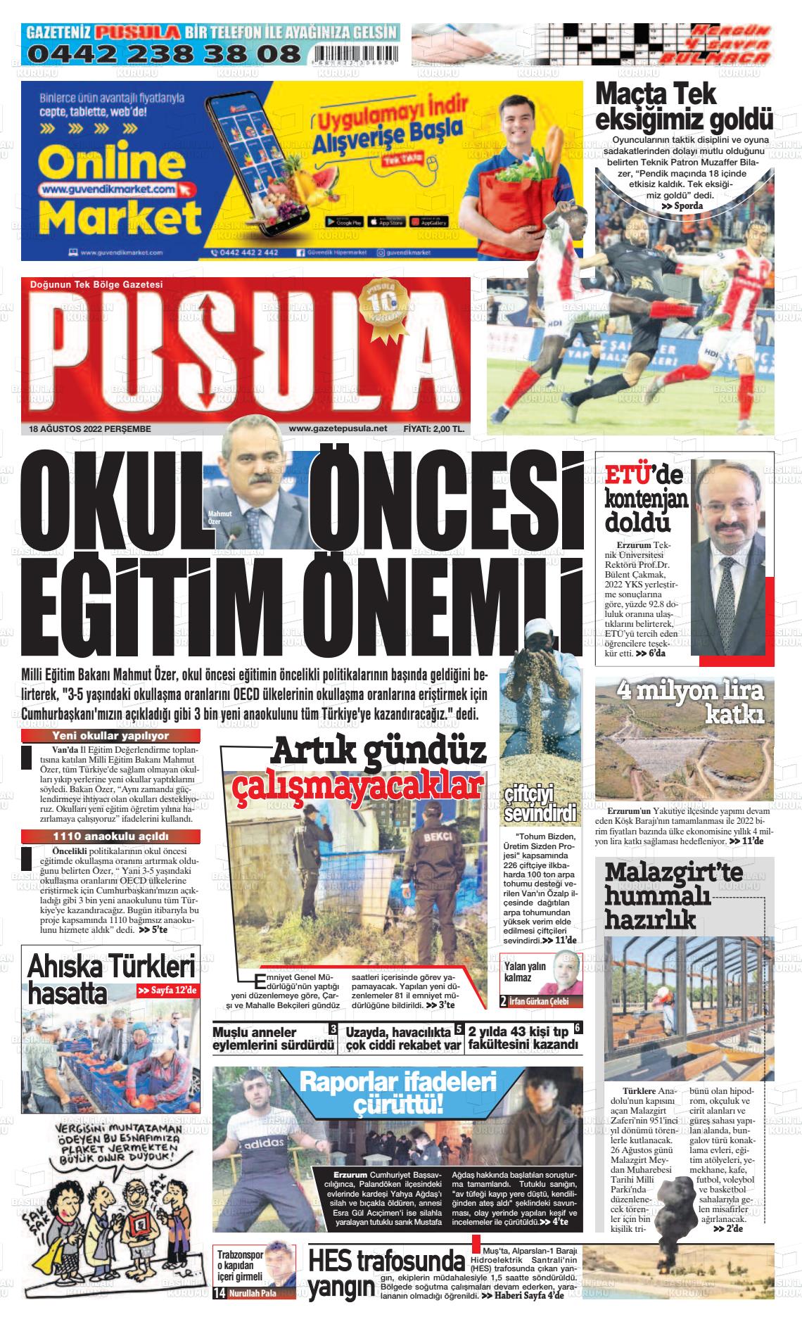 18 Ağustos 2022 Erzurum Pusula Gazete Manşeti