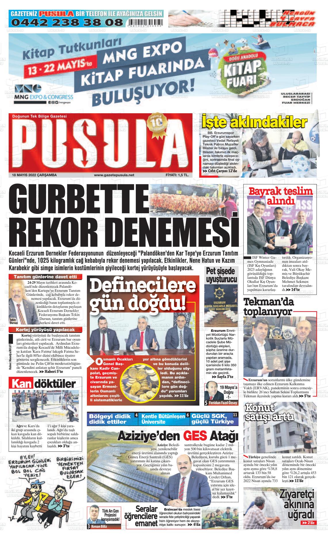 18 Mayıs 2022 Erzurum Pusula Gazete Manşeti