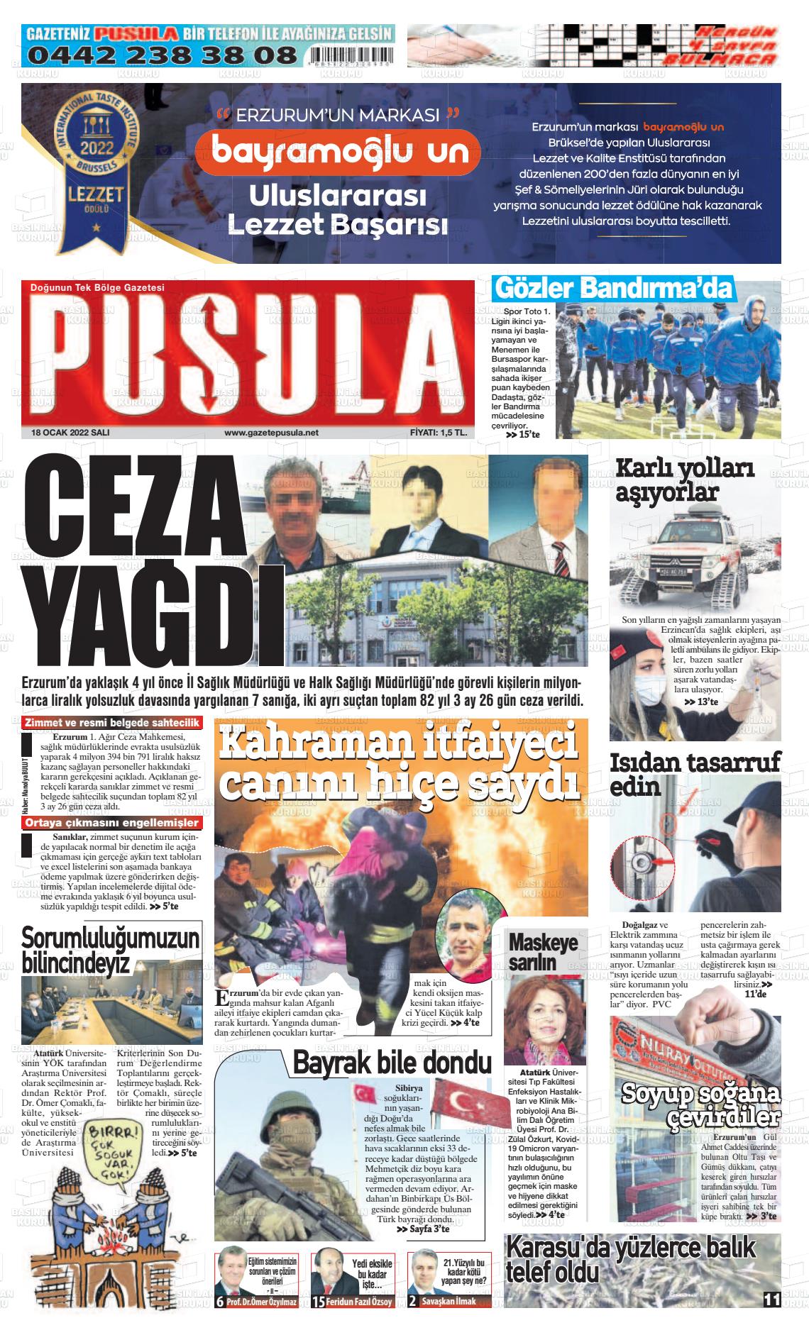 18 Ocak 2022 Erzurum Pusula Gazete Manşeti