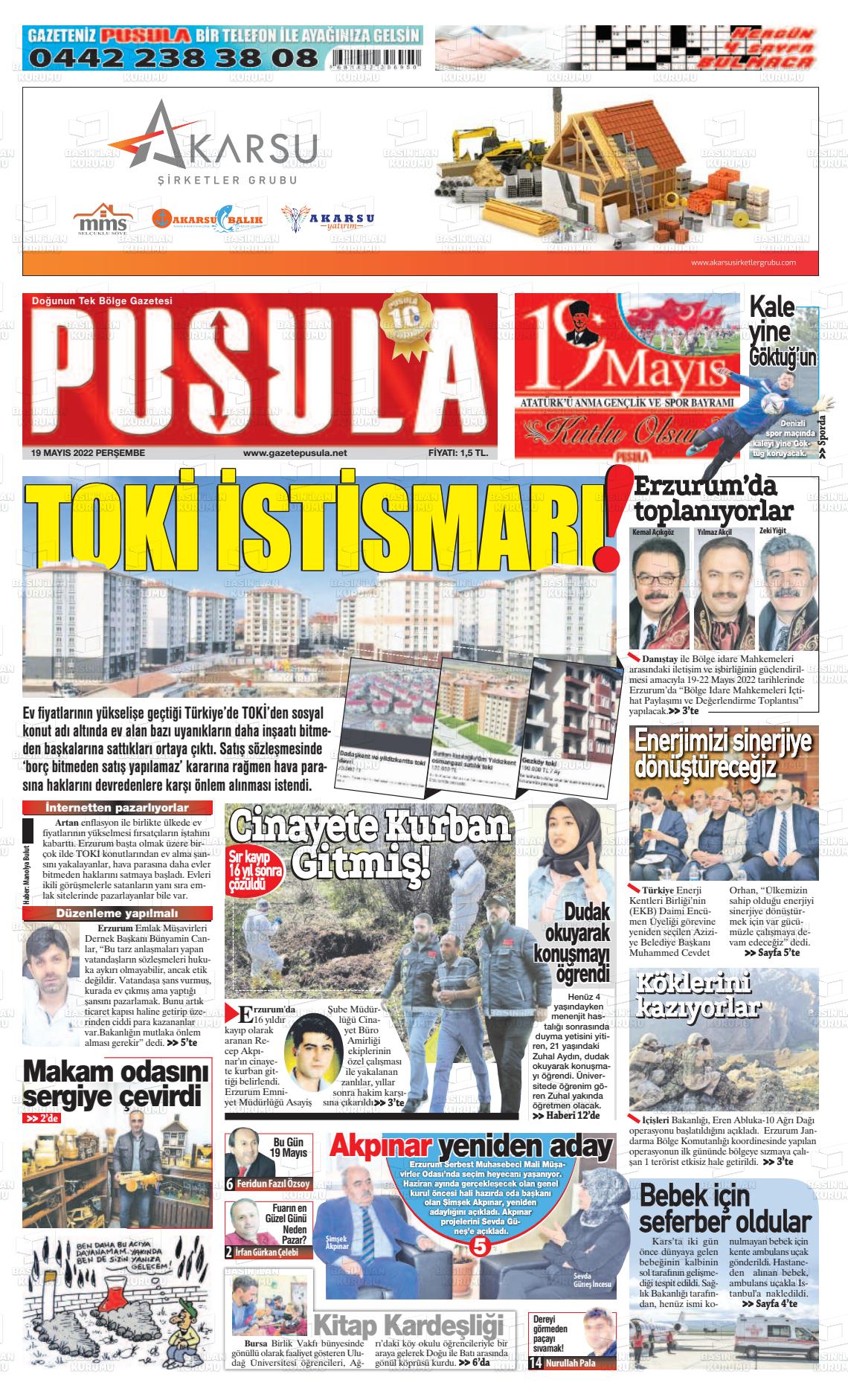 19 Mayıs 2022 Erzurum Pusula Gazete Manşeti